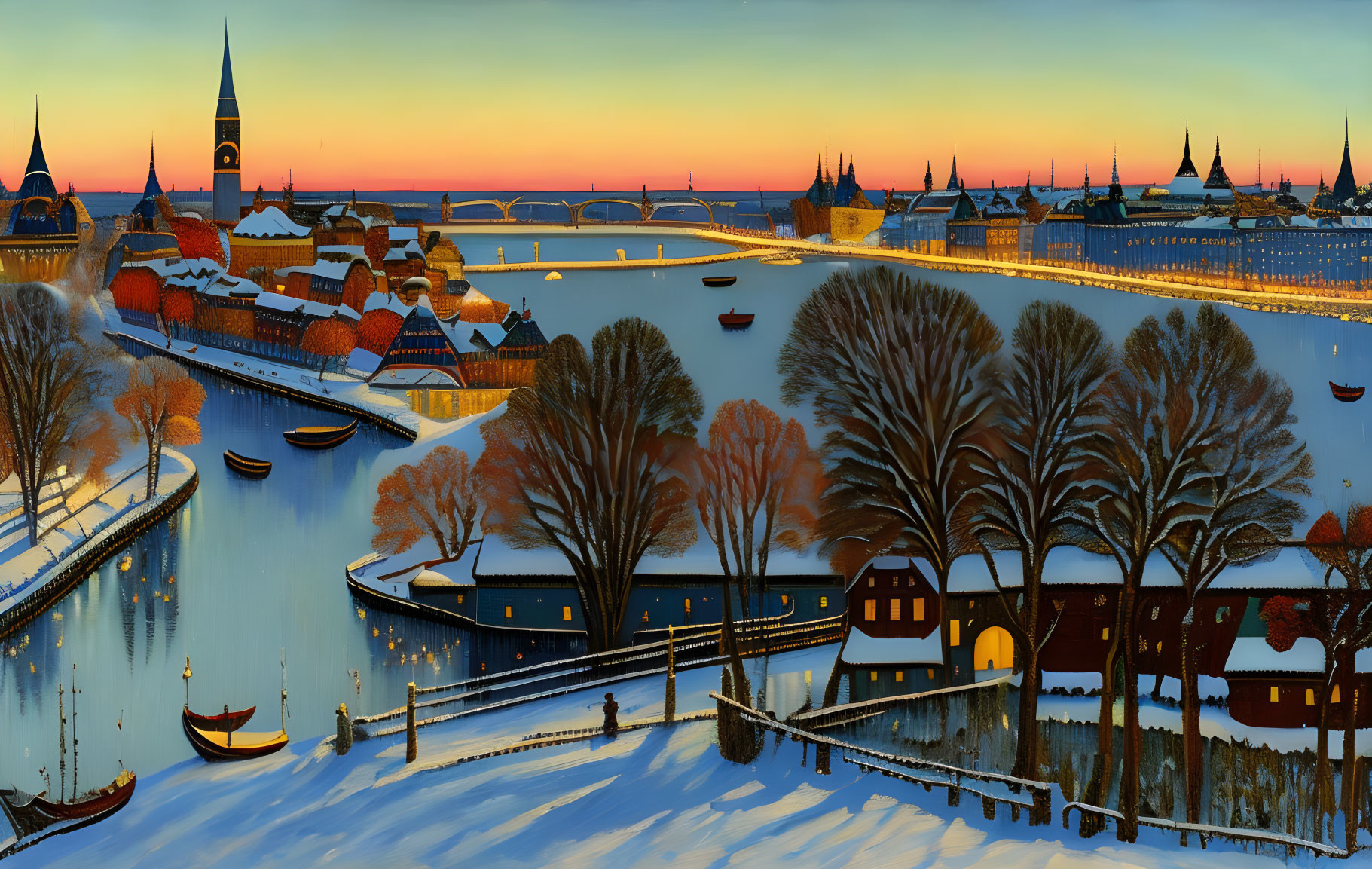 Snow-covered town at winter sunset with traditional houses, bridges, and boats.