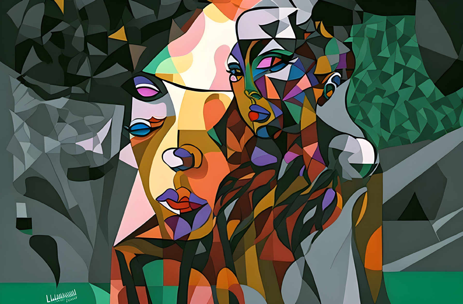 Abstract Cubist Art: Colorful Faces & Geometric Shapes