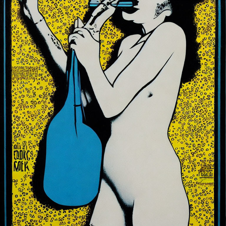 Stylized nude female figure playing cello on yellow background with text.