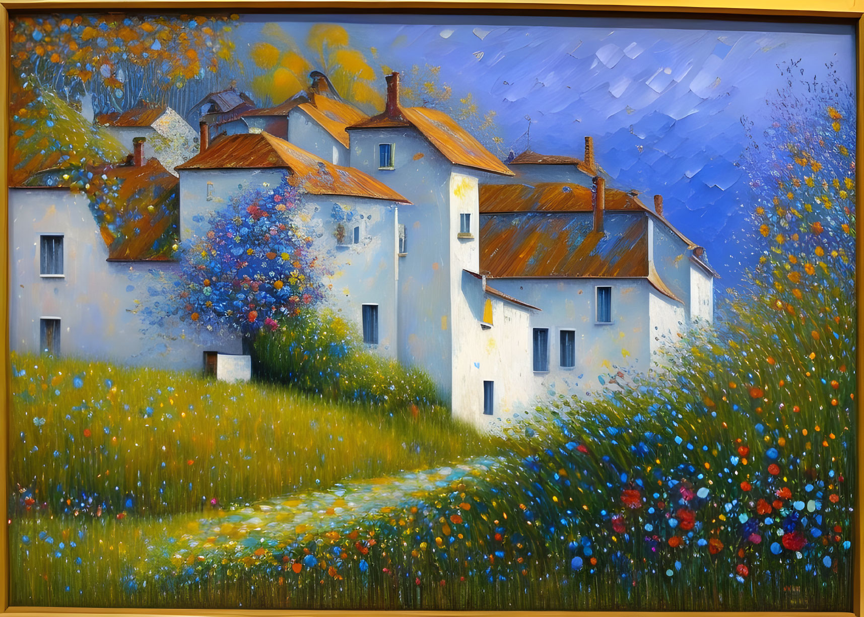 Colorful oil painting: quaint village, white houses, blooming flowers, lush greenery, blue