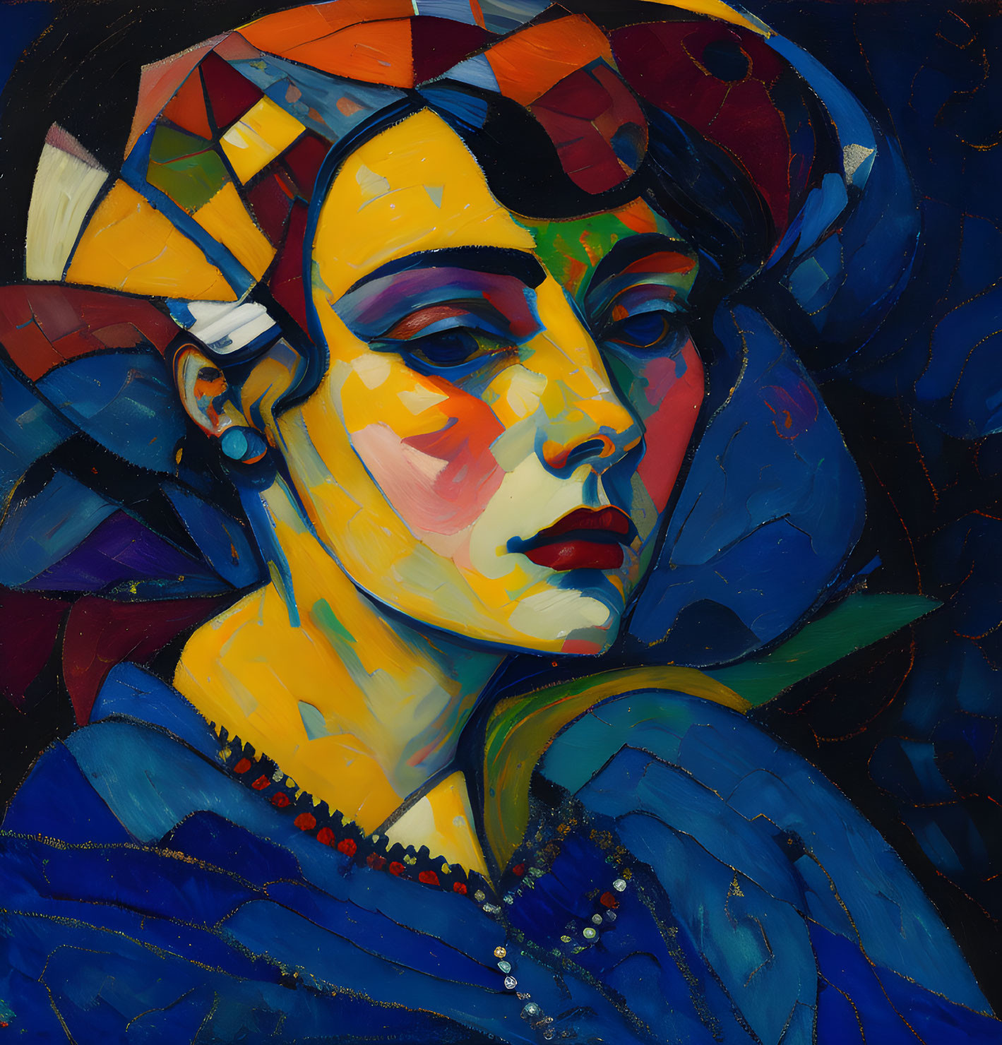 Vibrant Cubist-style portrait of a woman with geometric patterns