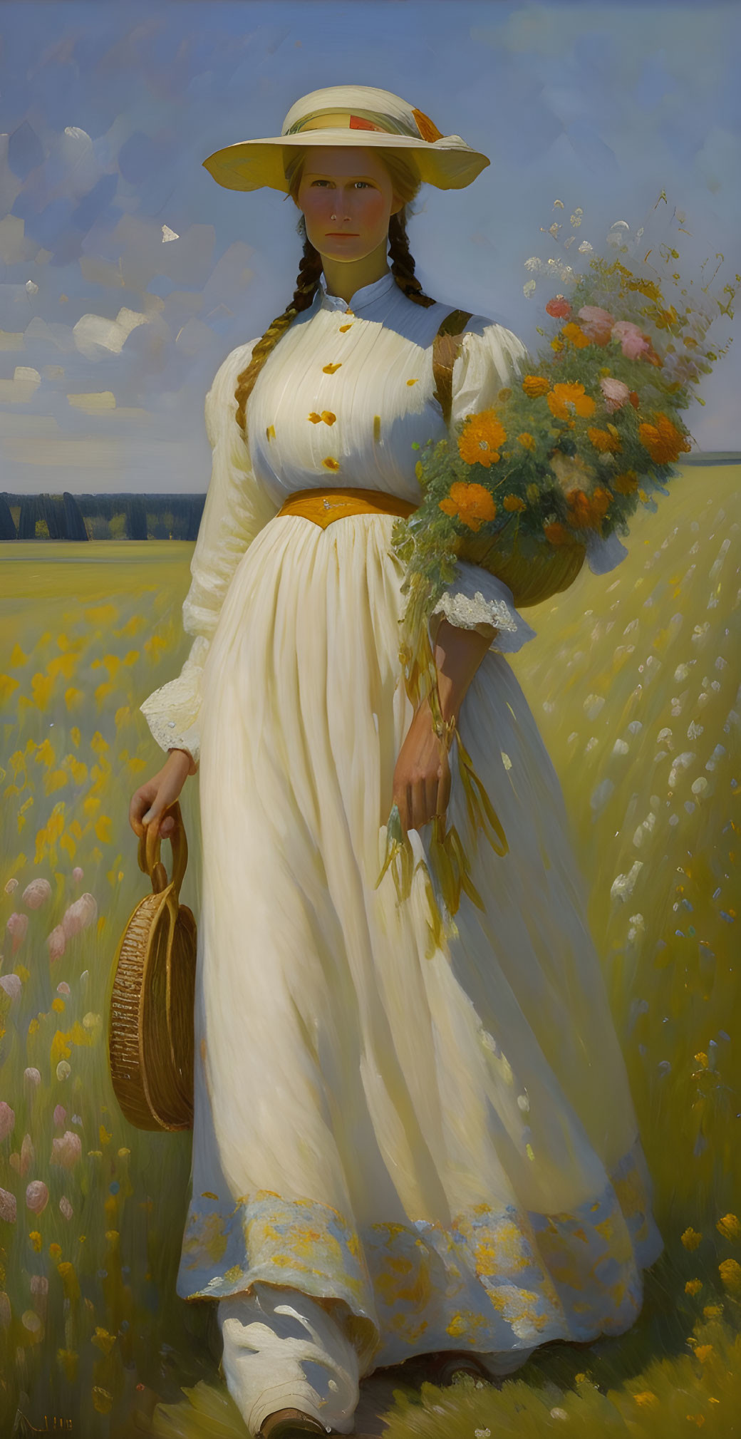 Woman in white dress and straw hat with bouquet and basket in sunny field.