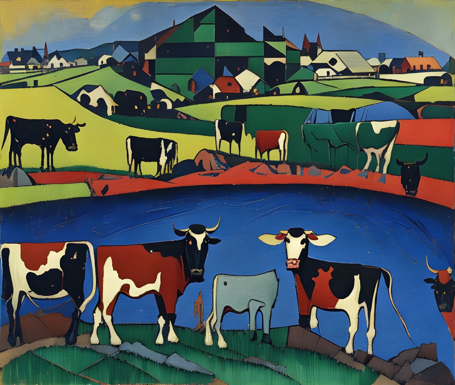 Vivid Stylized Painting of Cows in Colorful Rural Landscape