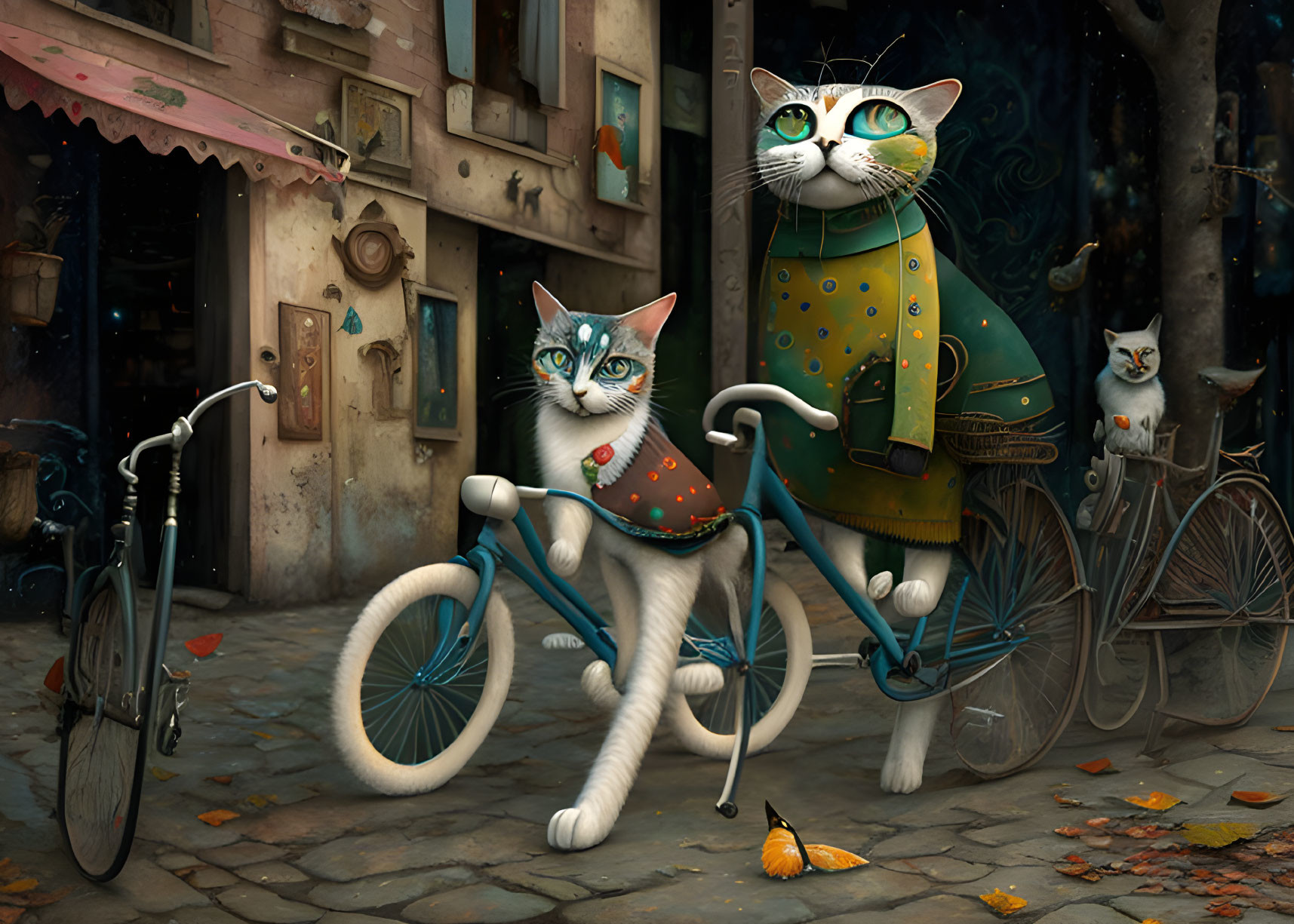 Anthropomorphic cats with glasses and bicycles on charming vintage street