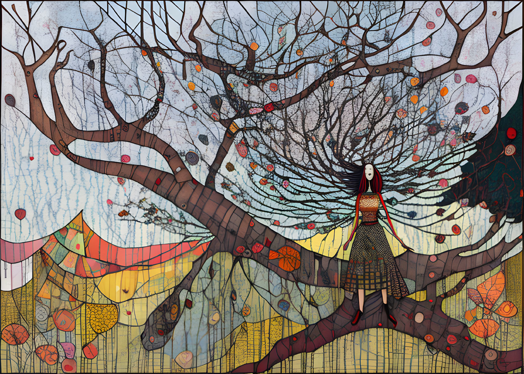 Colorful illustration: Girl under intricate tree with patterned hills & falling leaves