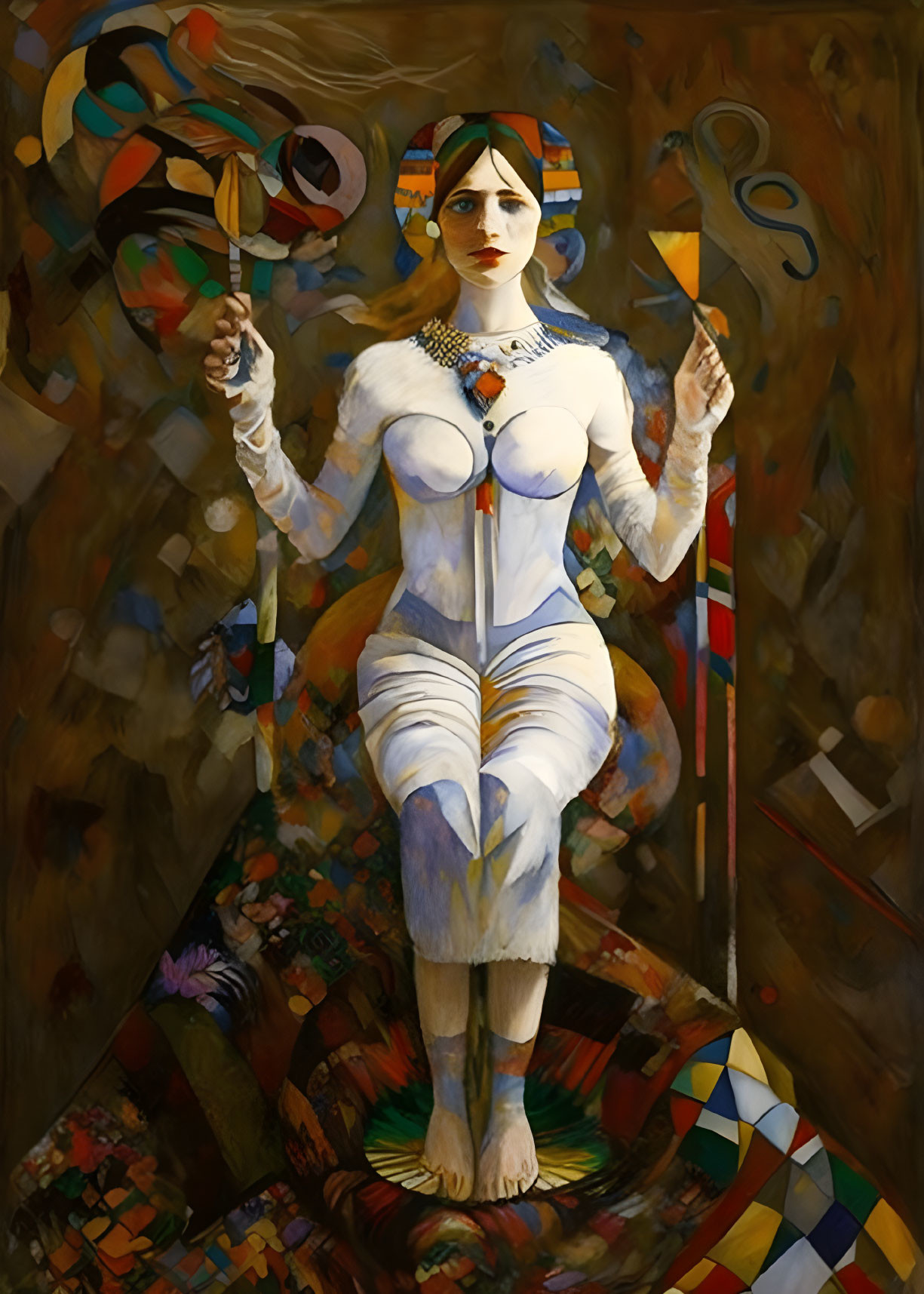 Surreal painting of woman with staff and sword in abstract setting