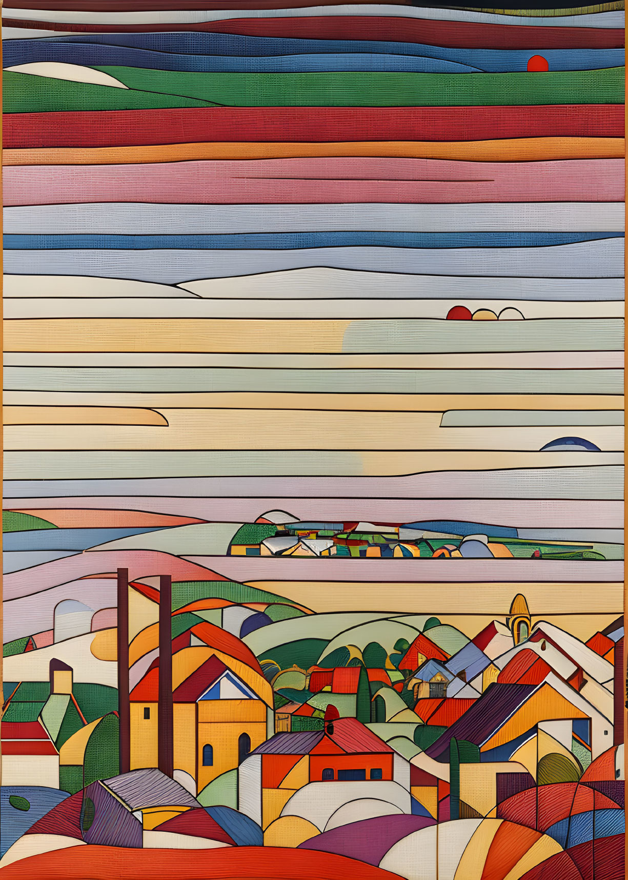 Abstract landscape artwork with colorful hills, fields, houses, and sky