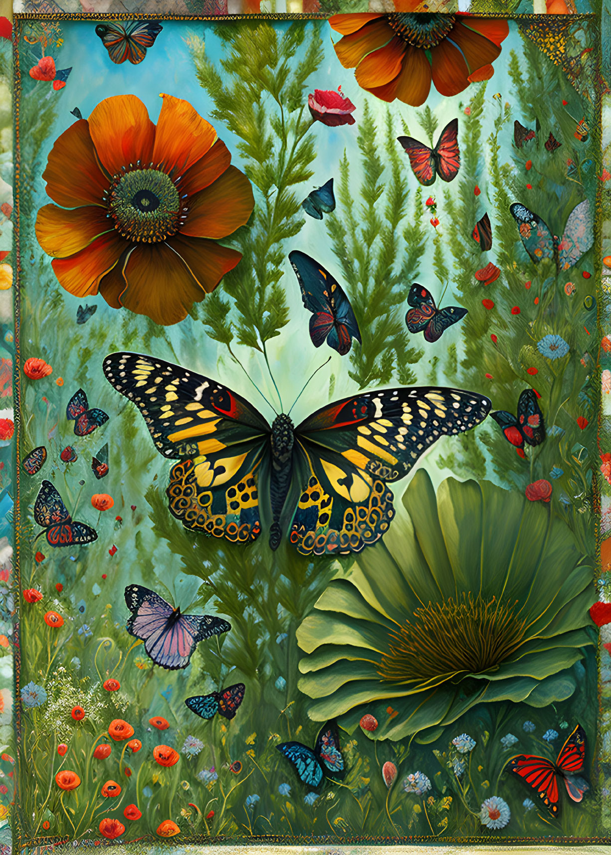 Colorful butterfly and floral scene with decorative border