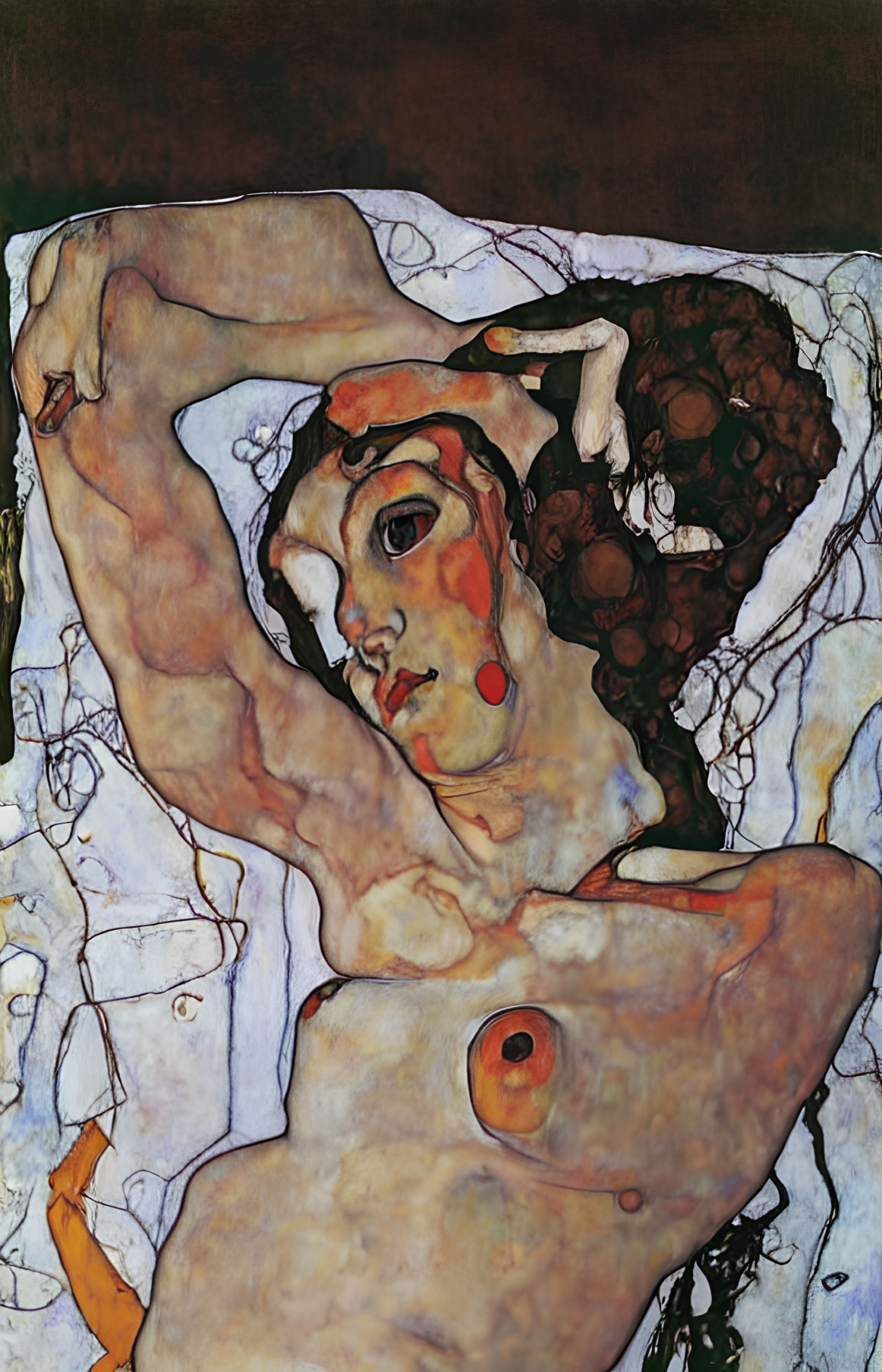 Art Nouveau Style Painting of Woman with Flowing Hair and Abstract Forms