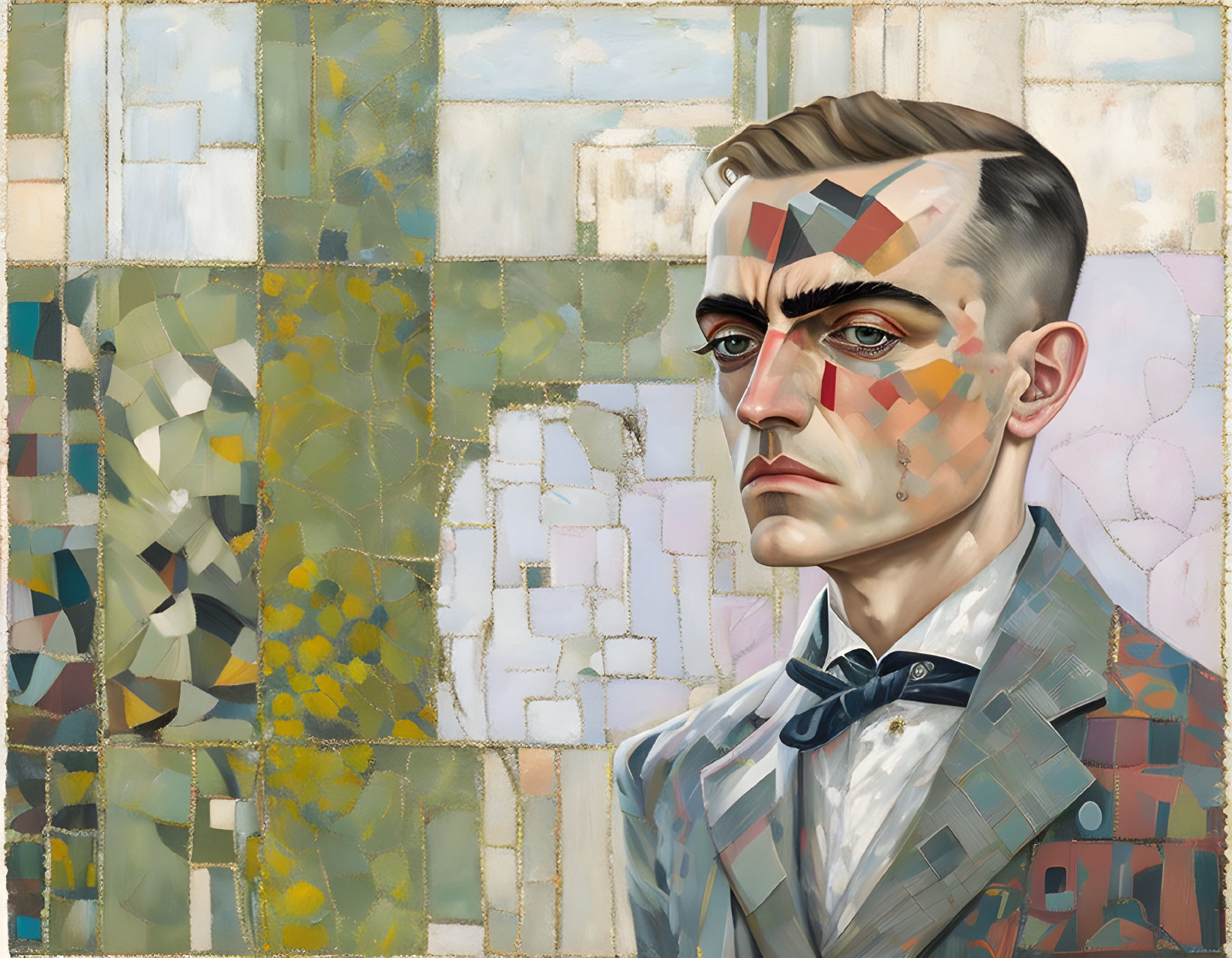 Geometric Color Patterns on Man's Portrait Against Mosaic Background