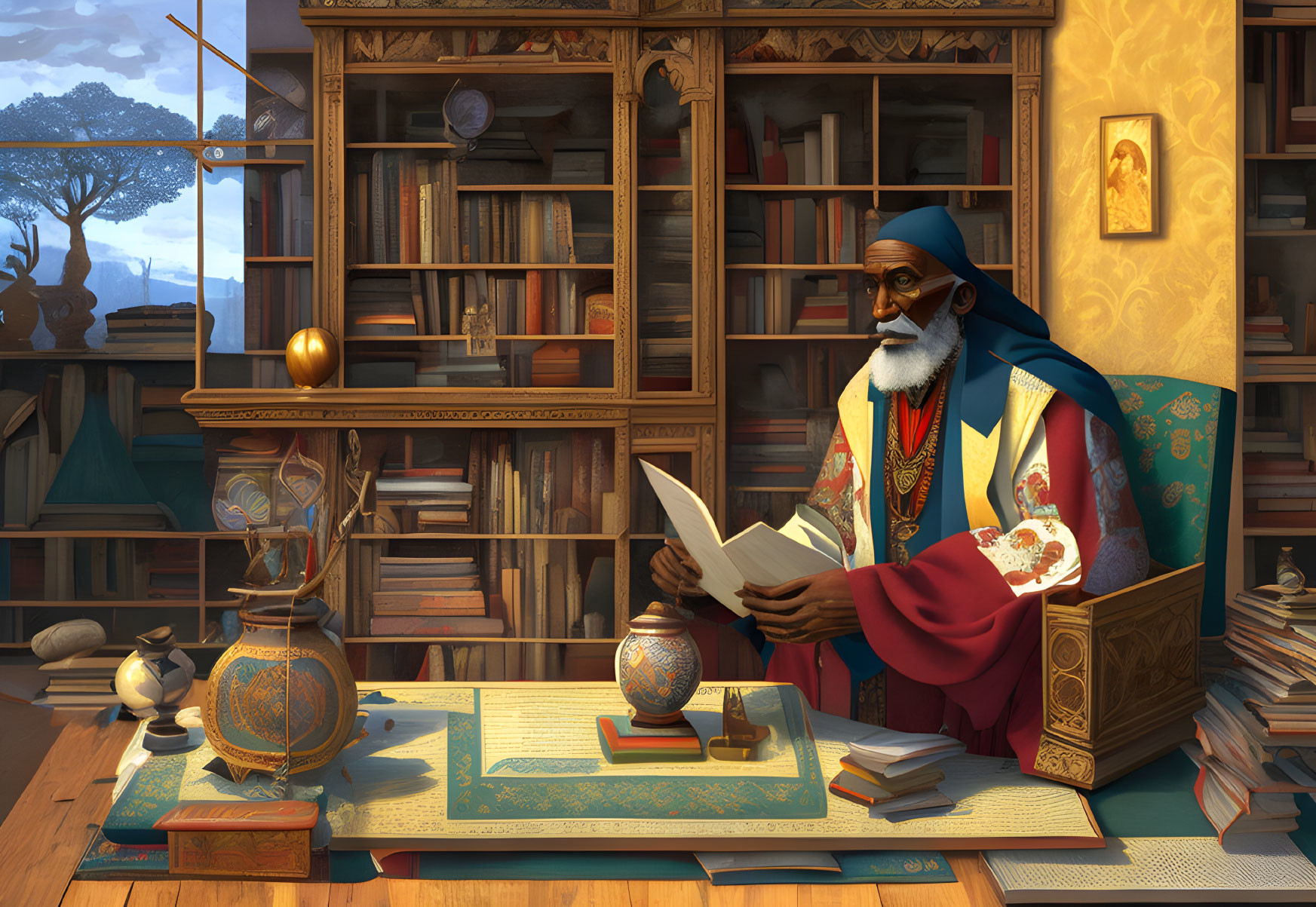 Elderly scholar reading in sunlit room with books, globe, and artifacts