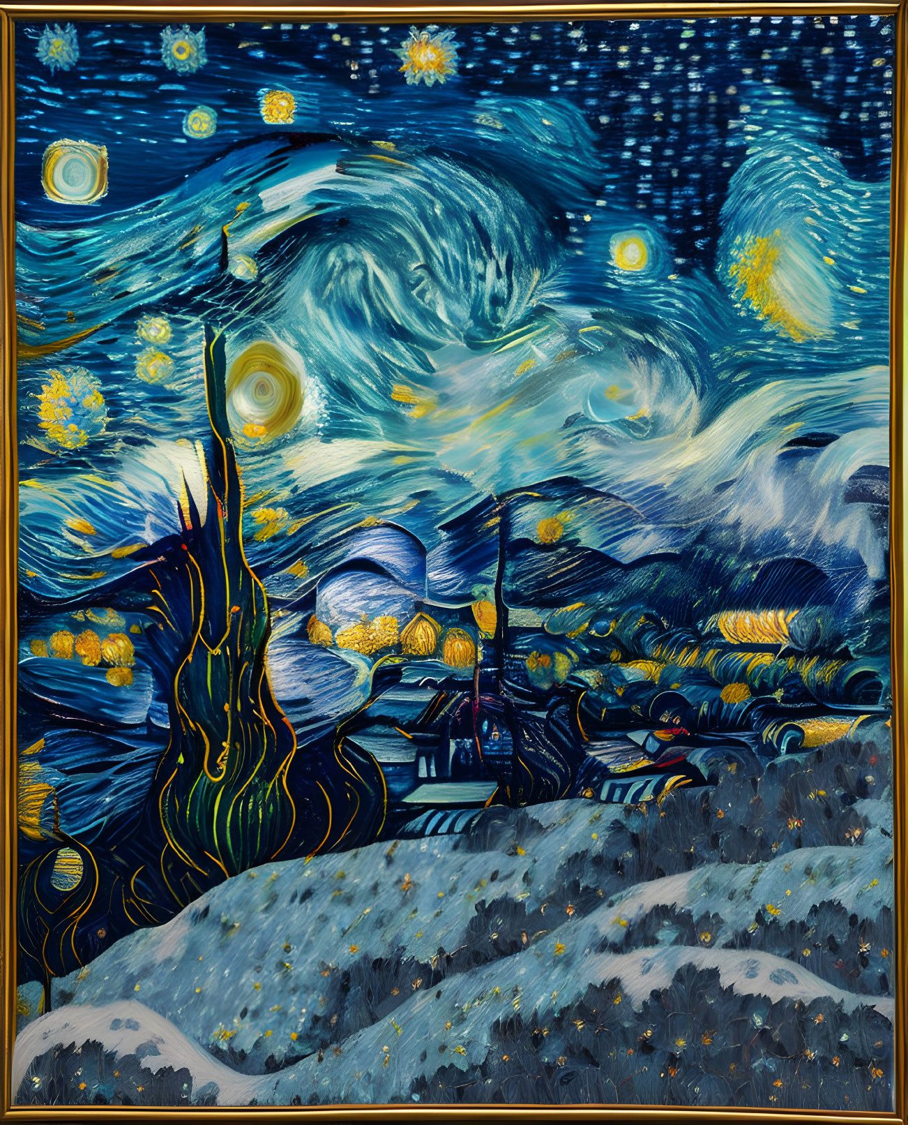 Starry Night Painting with Swirling Clouds and Crescent Moon