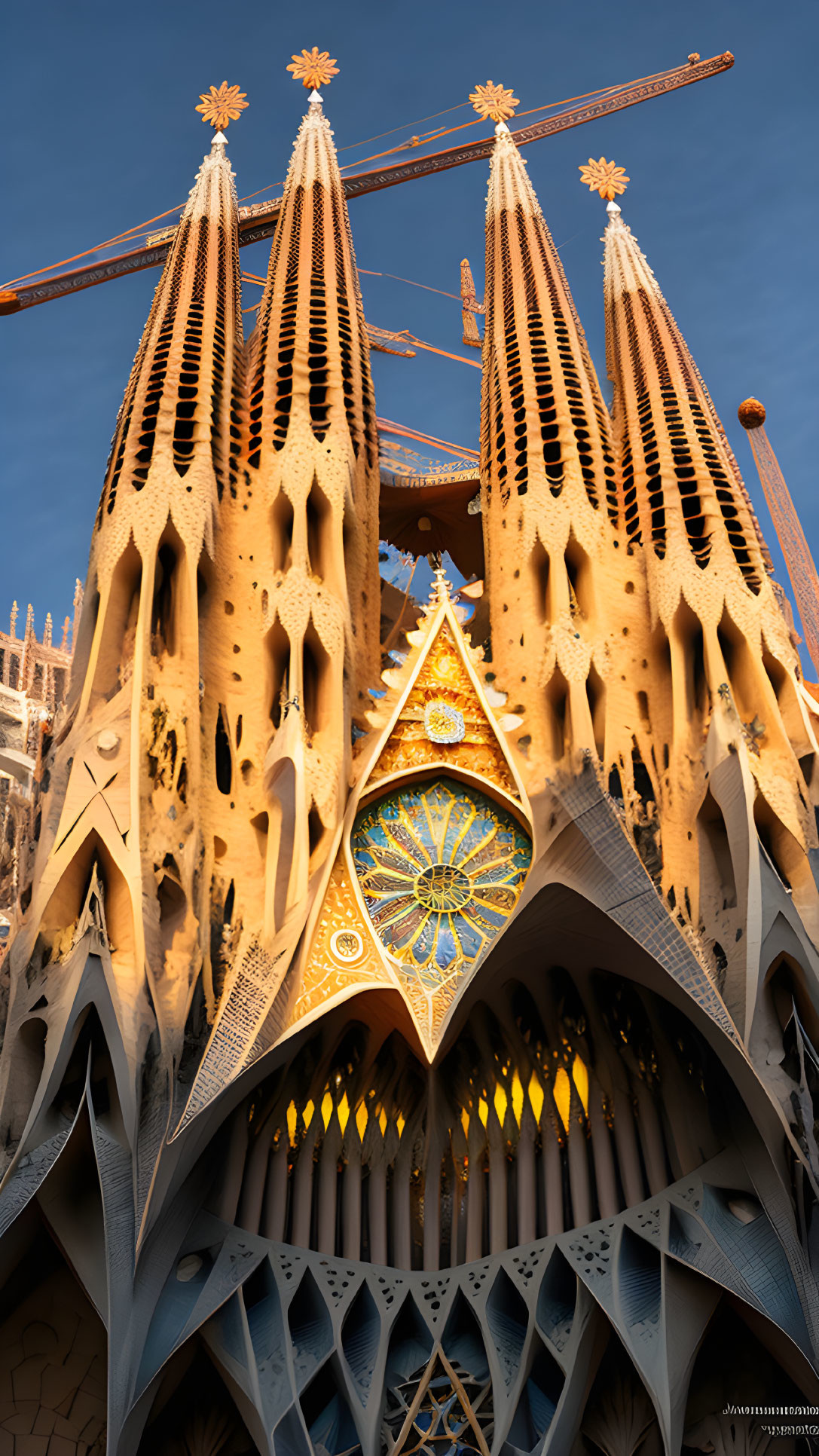 Intricate facade of Sagrada Familia with stained glass window