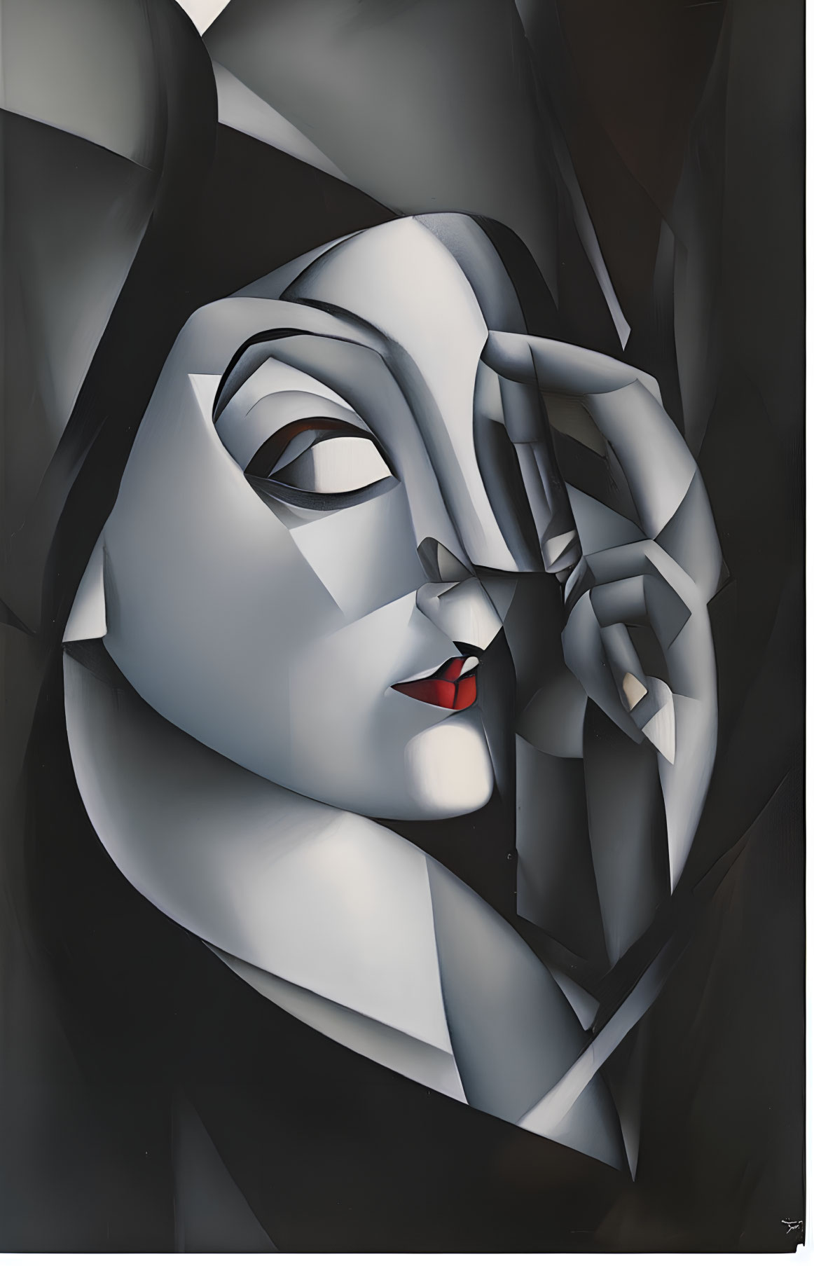 Abstract Cubist Painting: Monochromatic Tones, Red Lips, Geometric Face