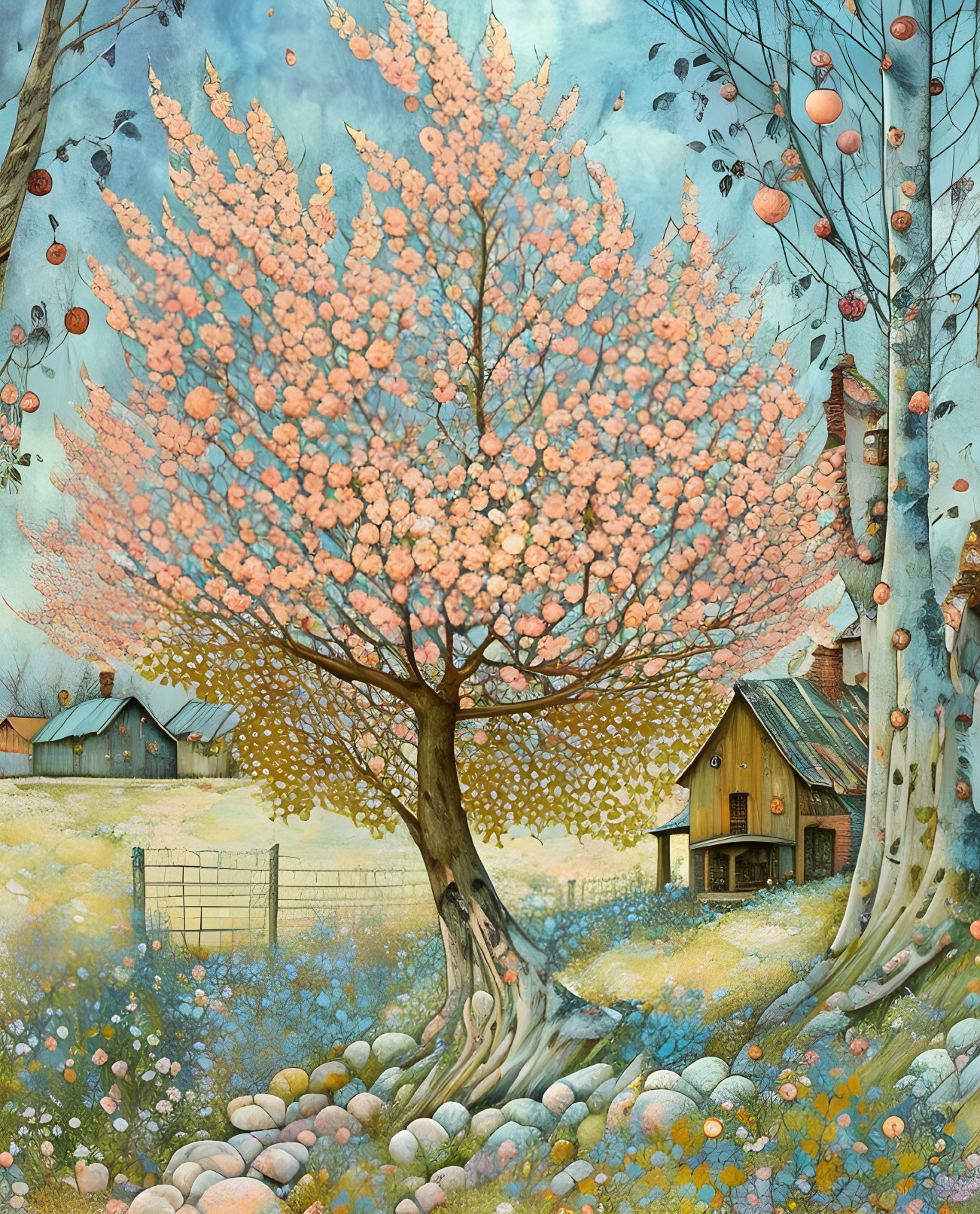 Colorful Painting of Blossom Tree and Cottages in Serene Landscape