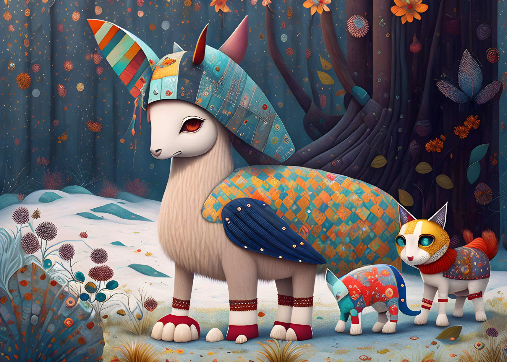 Colorful digital artwork: Mythical llama creature with cub in whimsical forest