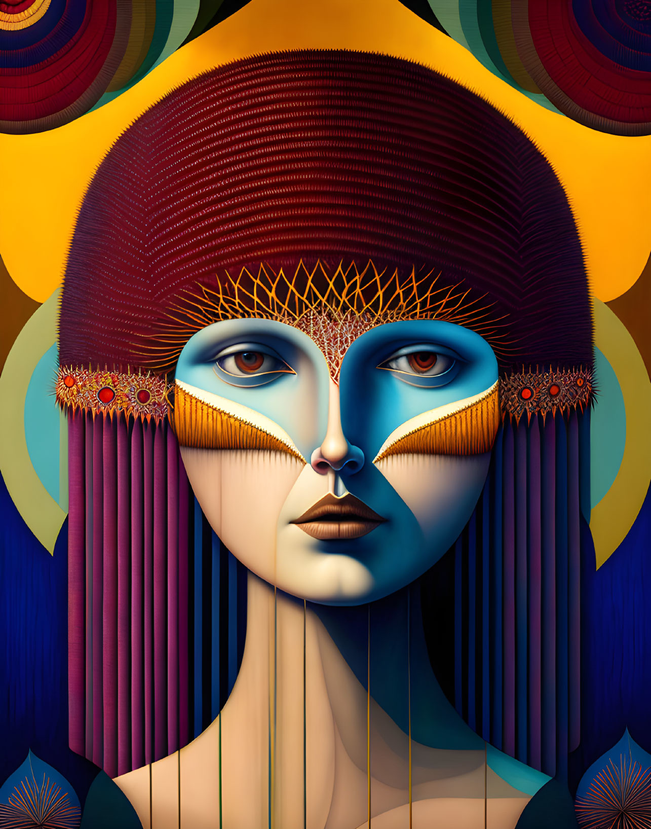 Stylized portrait featuring figure with blue skin and intricate golden headgear