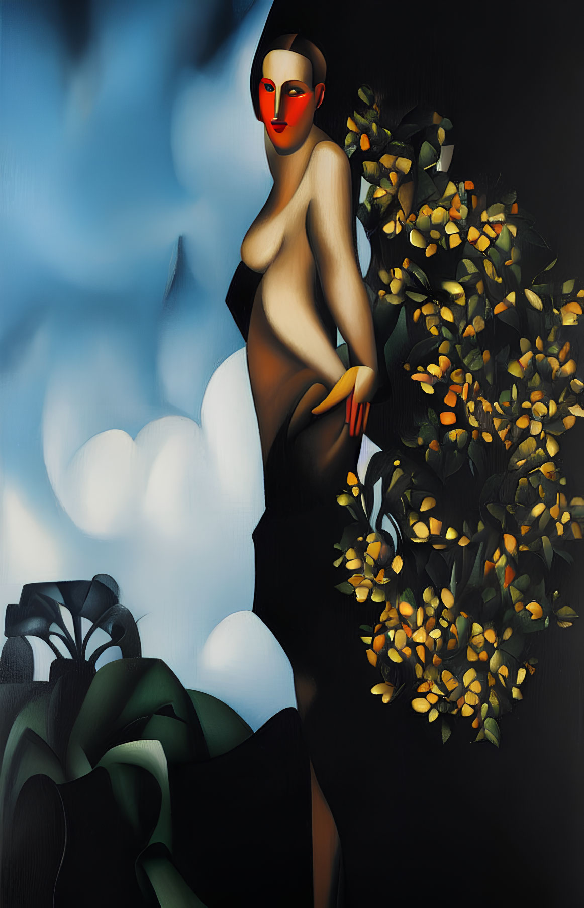 Stylized painting of figure with red mask beside yellow flowers