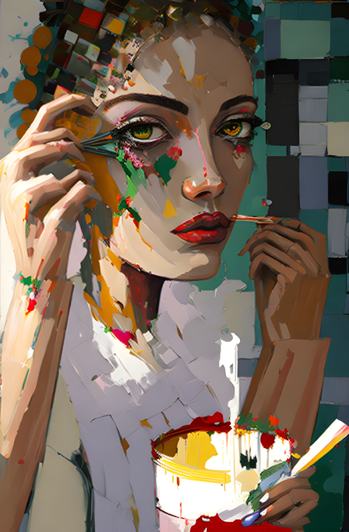 Vivid Abstract Digital Art: Woman with Painted Face Holding Brush and Palette