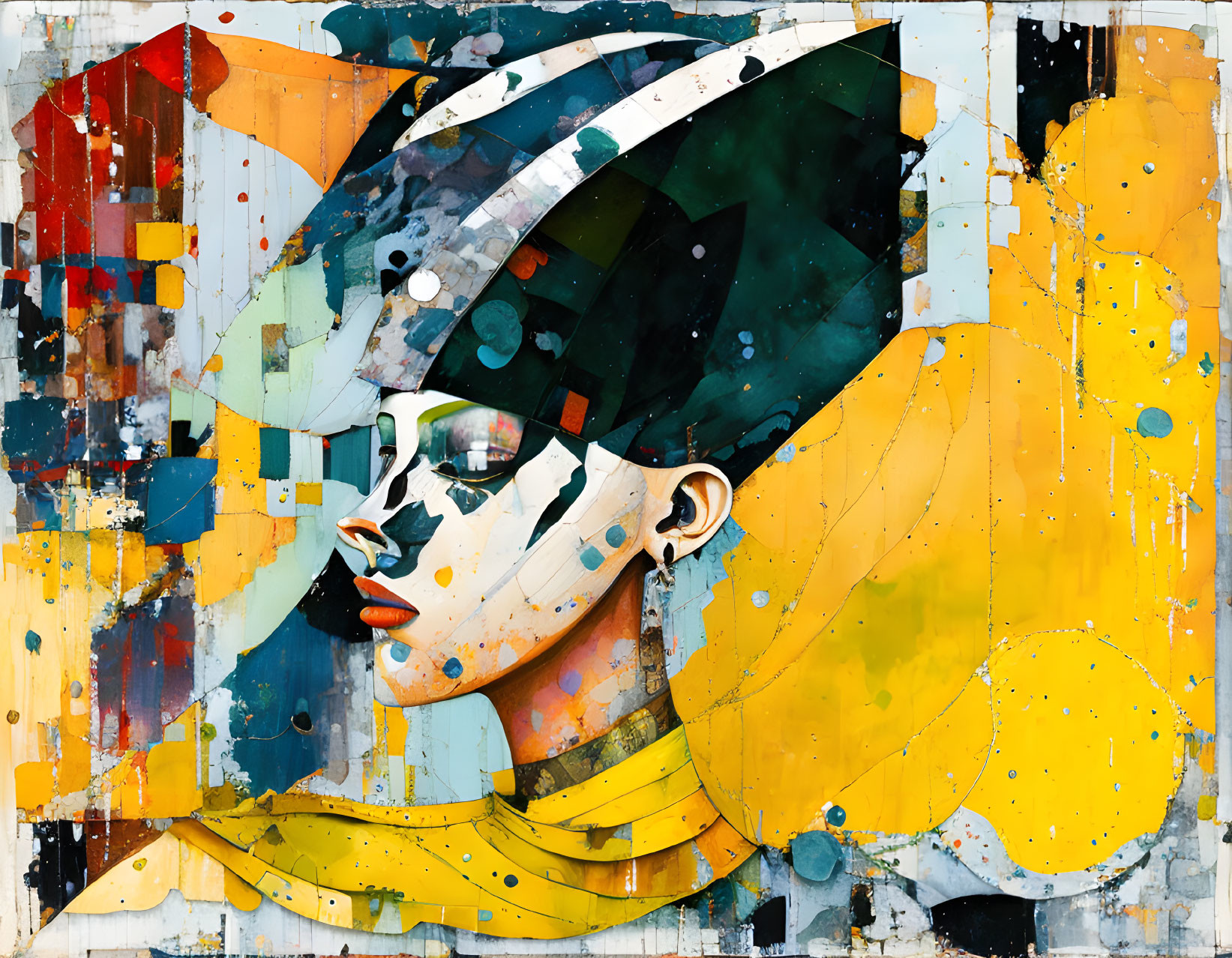 Abstract portrait with disjointed features in vibrant colors on graffiti-style background