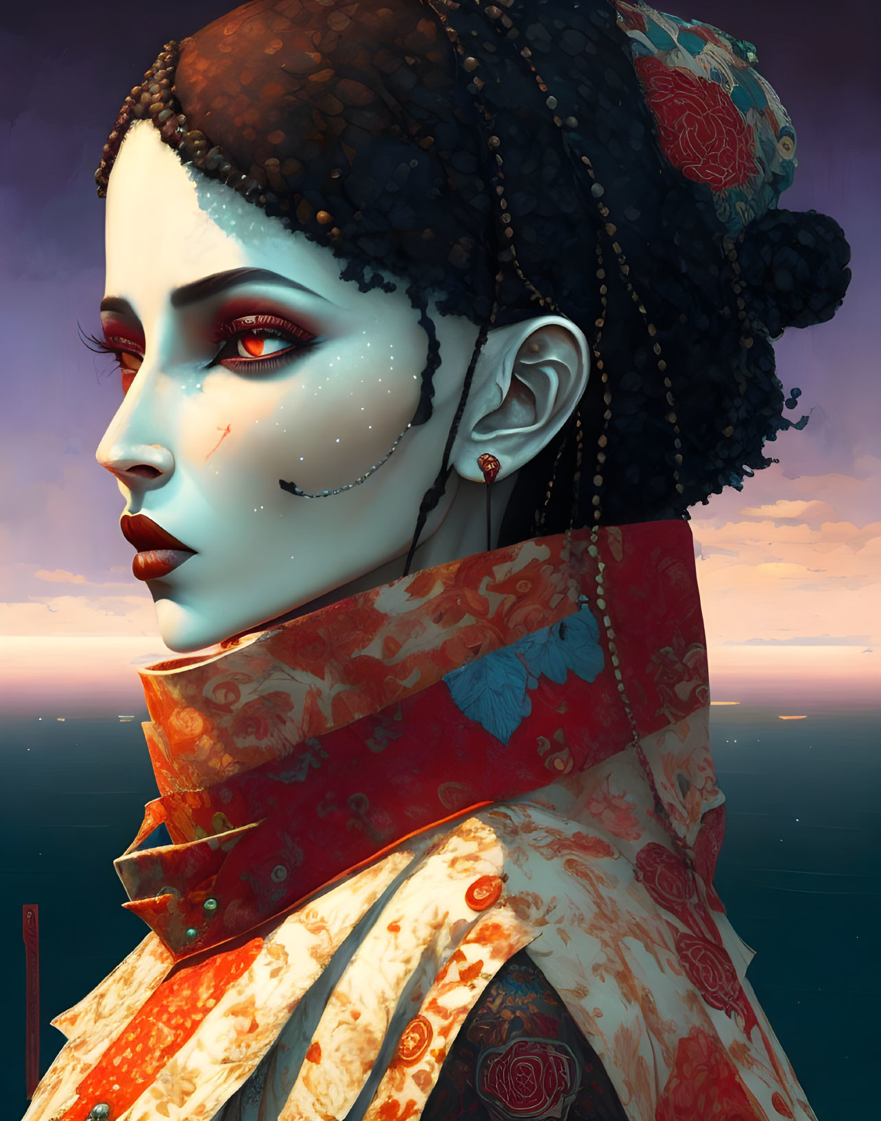 Digital artwork: Woman with pale blue skin, red eyes, black hair in red and gold attire against