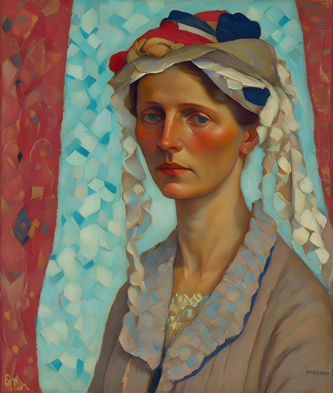 Portrait of Woman in Colorful Hat and Veil on Red Mosaic Background