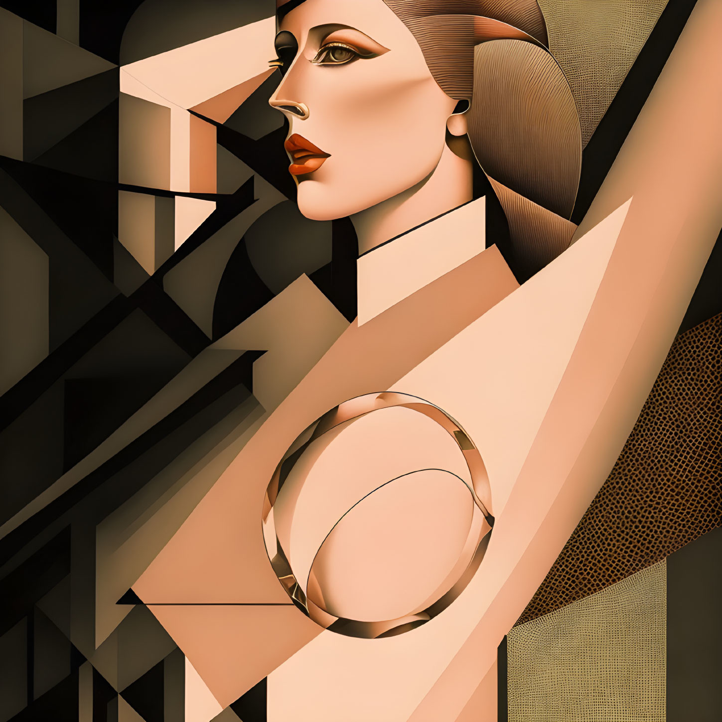 Stylized female figure with geometric shapes in brown, beige, and black