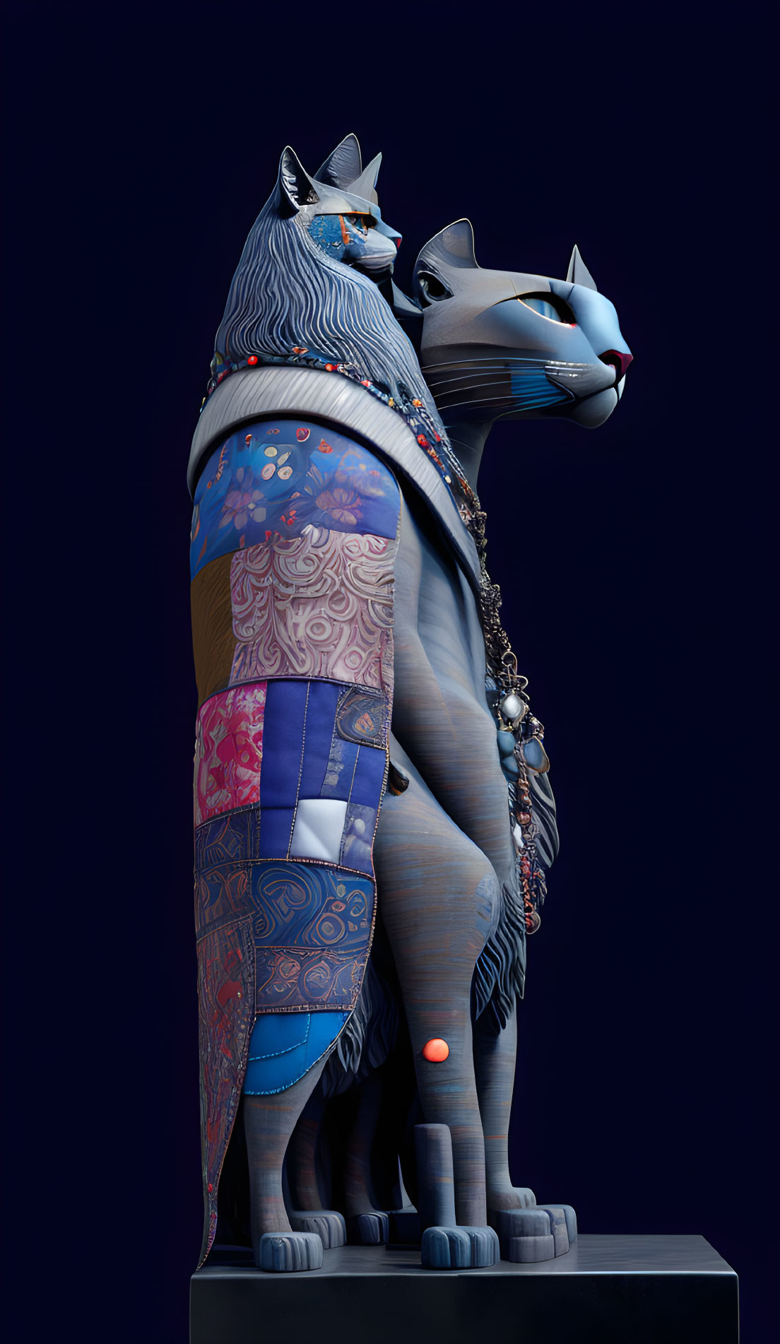 Elaborately Decorated Anthropomorphic Feline Figure on Pedestal