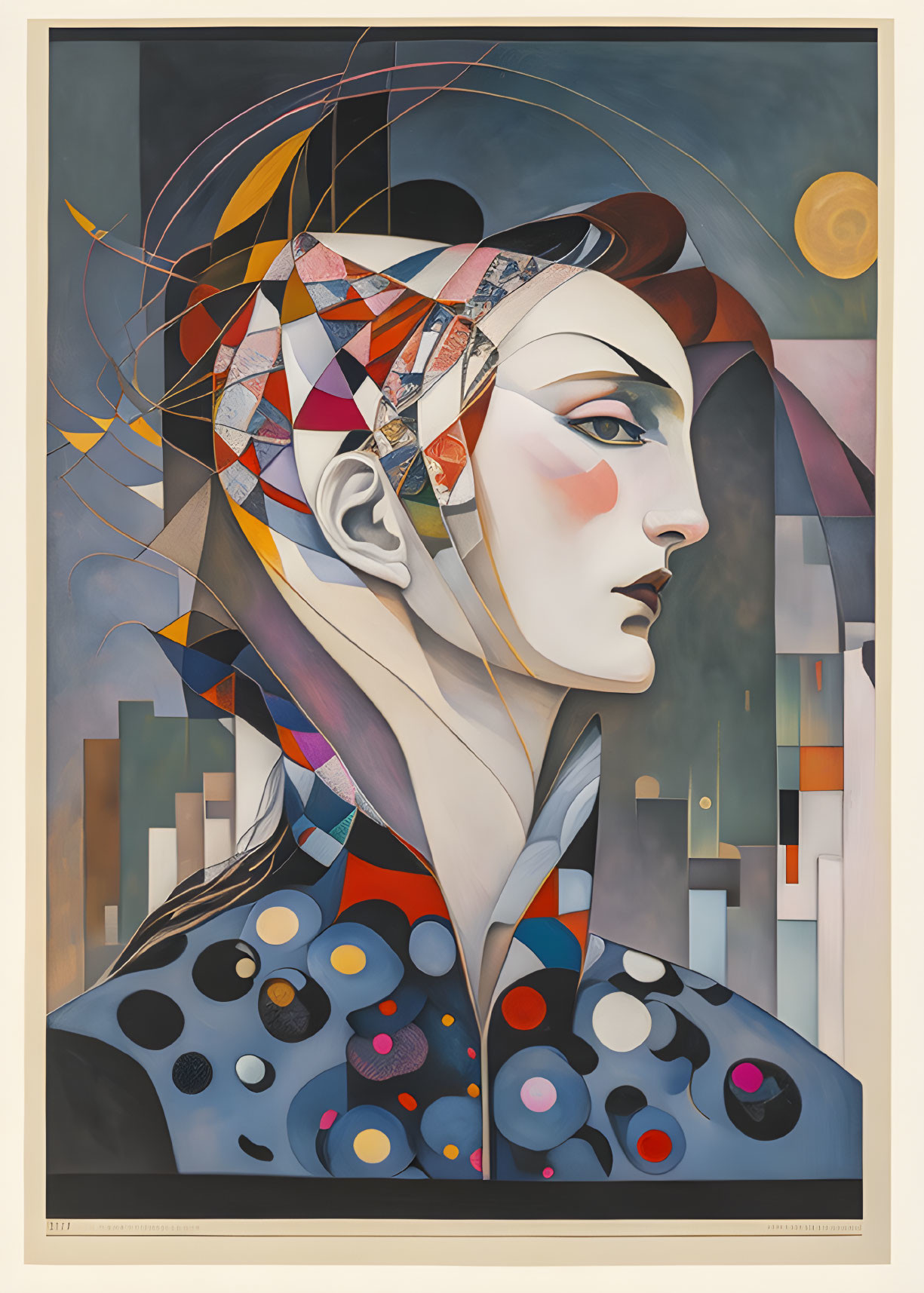 Geometric and abstract portrait of a woman with colorful patterns against cityscape backdrop