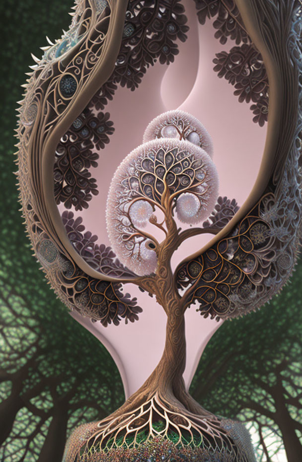 Surreal digital artwork: Circular fractal tree on pink backdrop