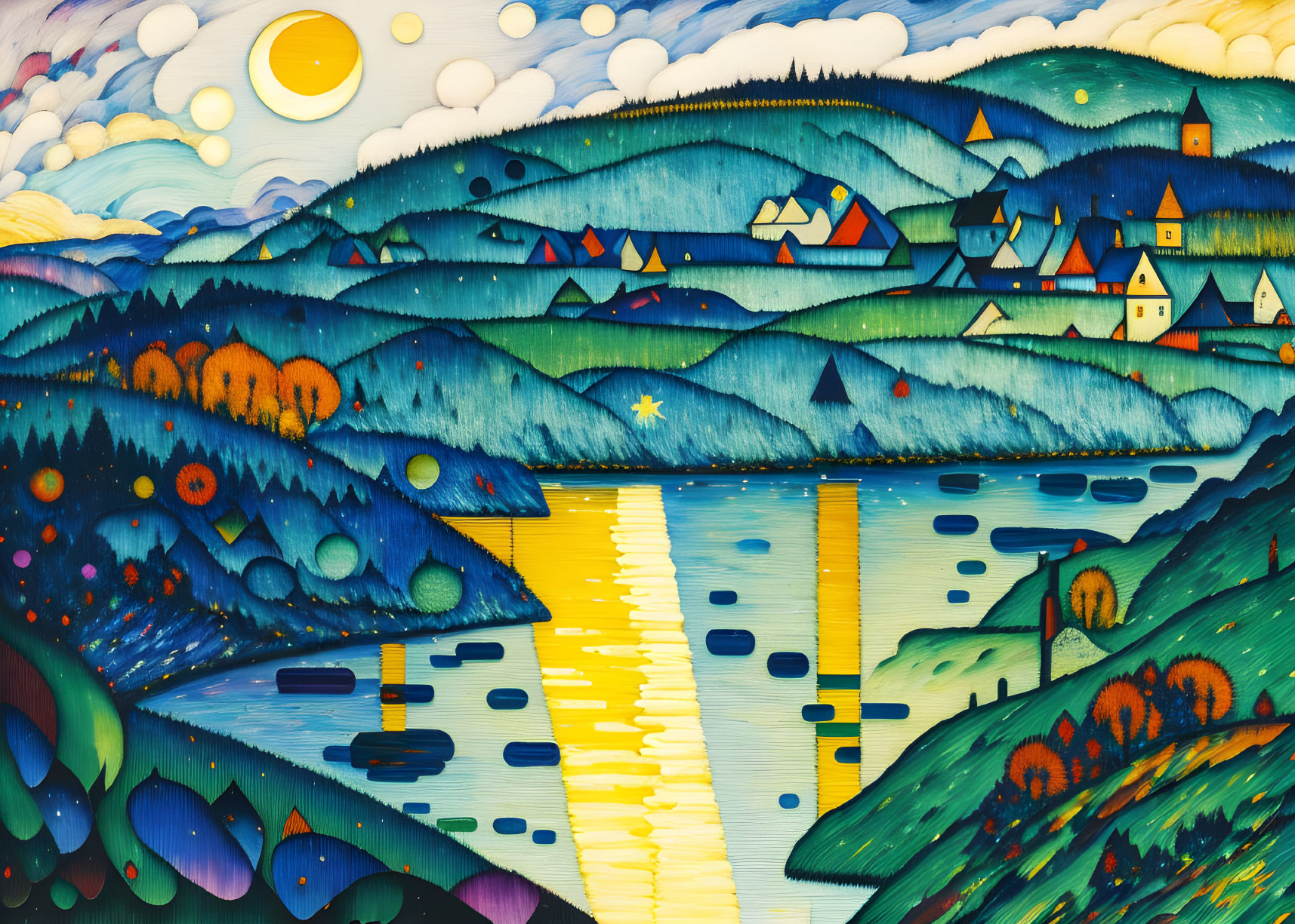 Vibrant landscape painting with layered hills, village, trees, and celestial bodies.