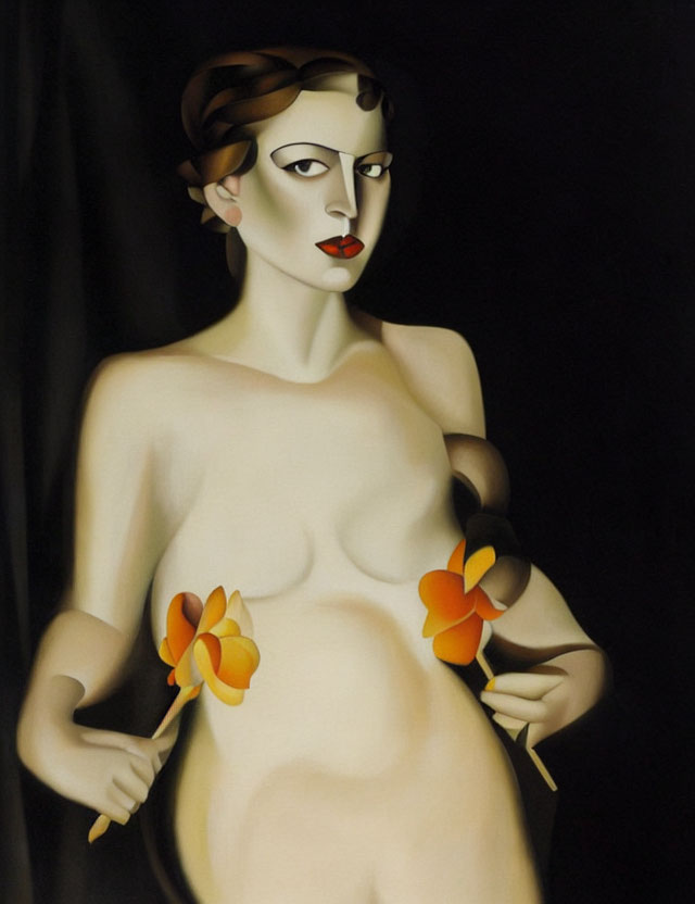 Stylized nude female figure with orange flowers on dark background