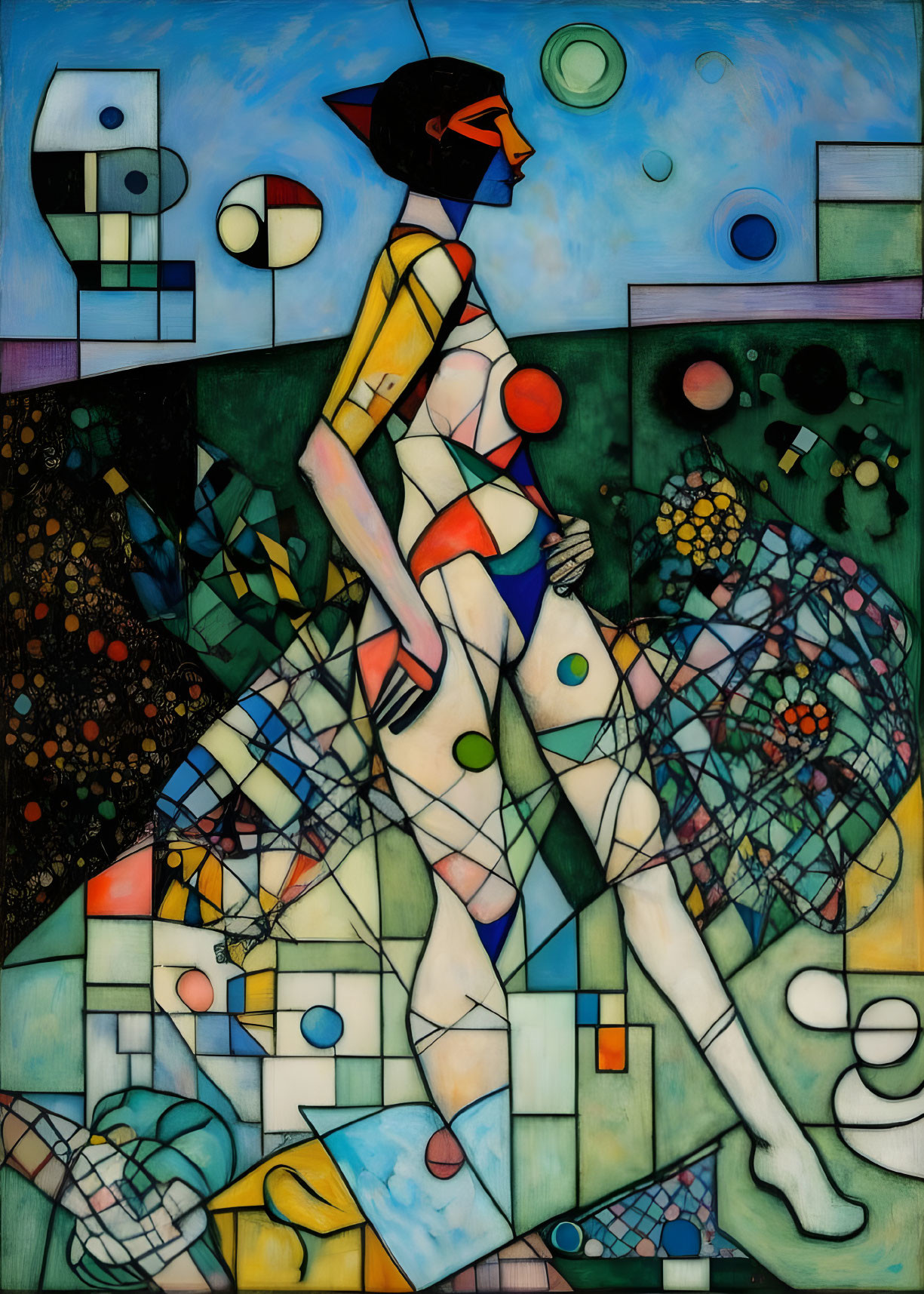 Vibrant abstract painting with geometric human figure and modern cubist style