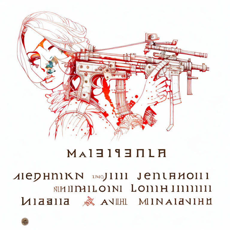 Stylized female face with mechanical gun elements and Russian text on white background