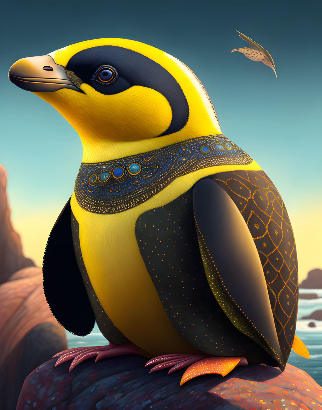 Regal anthropomorphic penguin in gold and blue armor at dusk