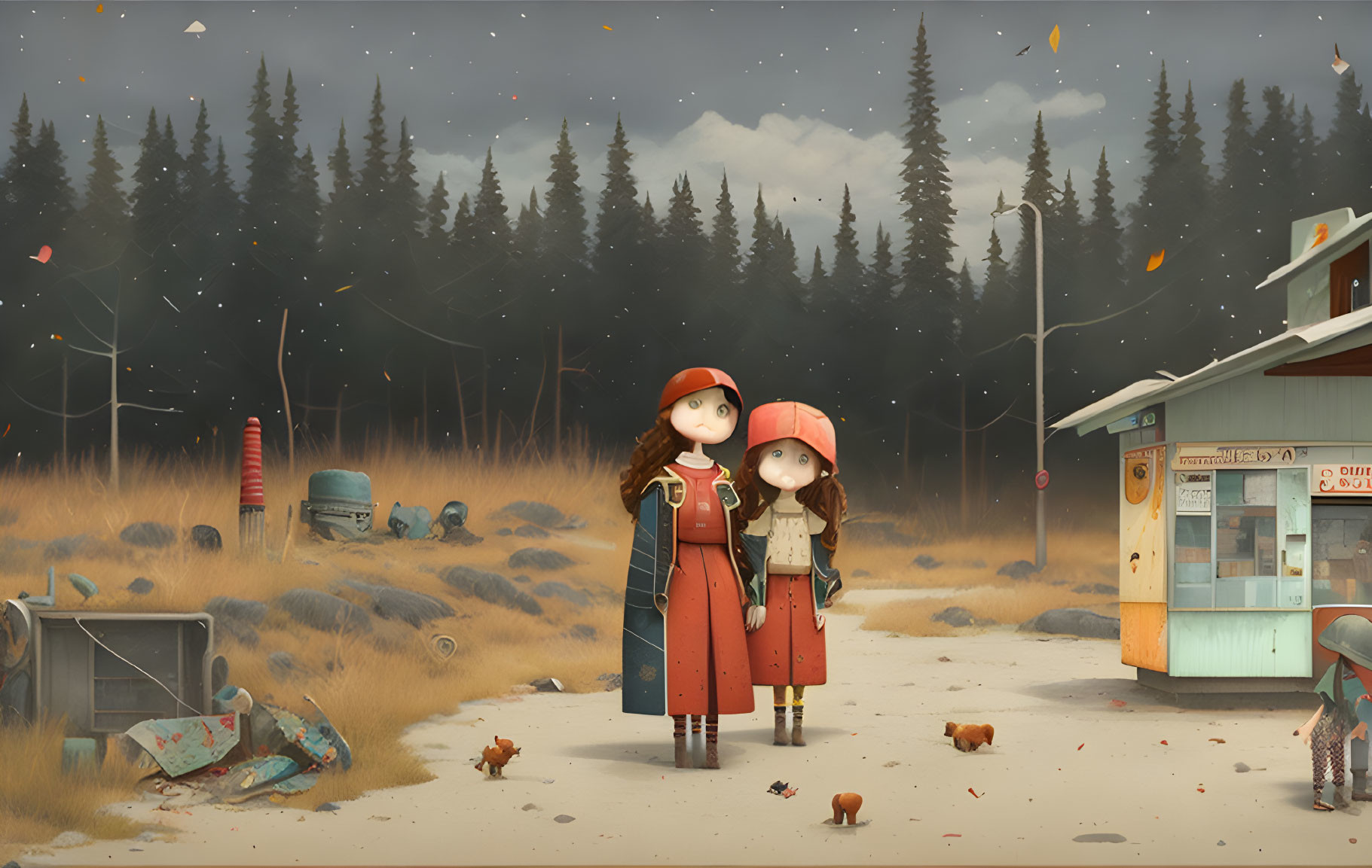 Two red-clad animated girls by a forest bus stop with vintage cars and falling leaves.