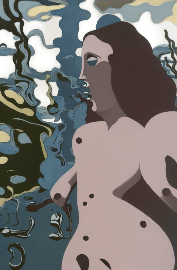 Stylized nude female figure in abstract art with blue, black, and beige background