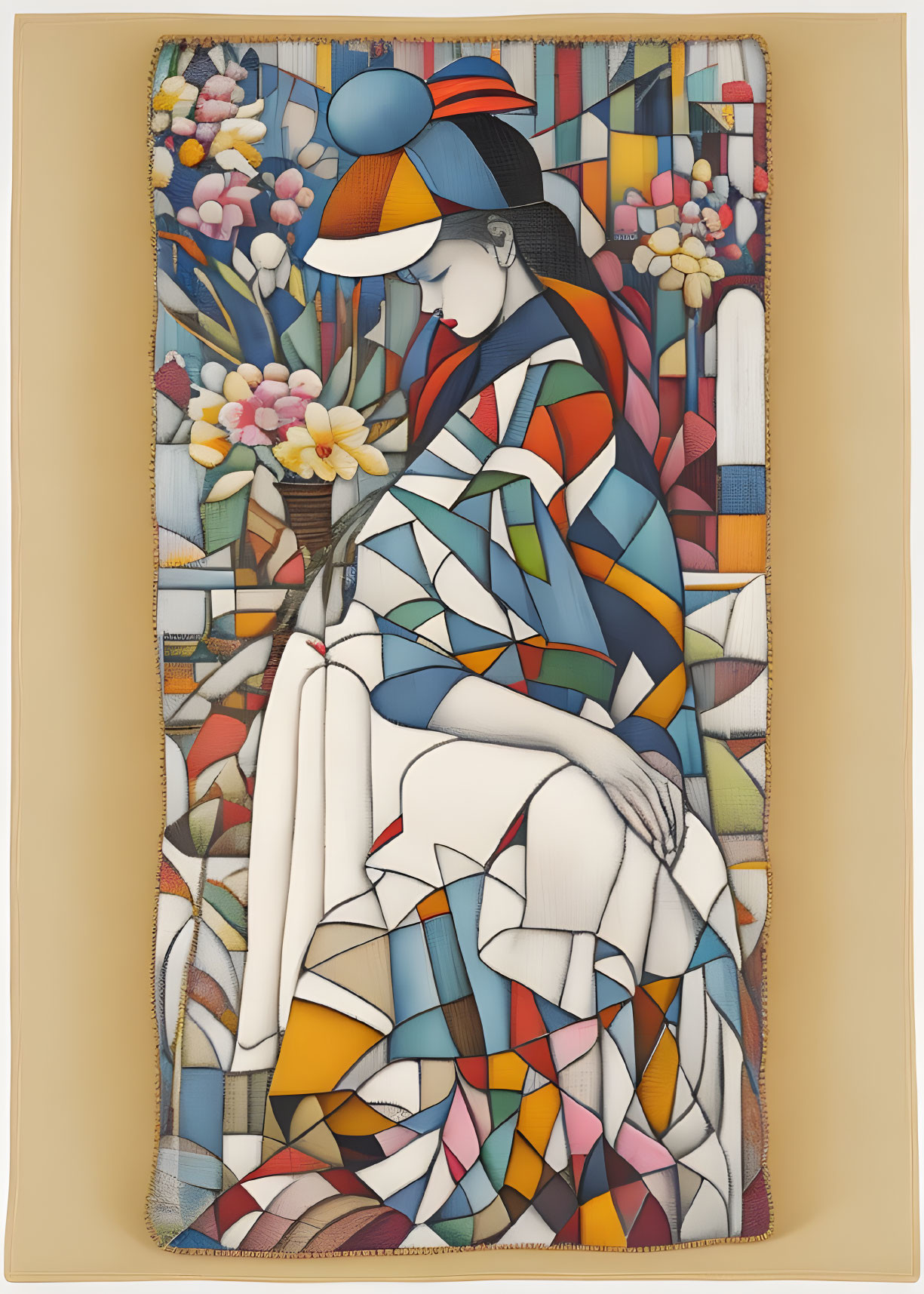 Colorful Geometric Robe on Seated Woman in Abstract Floral Setting