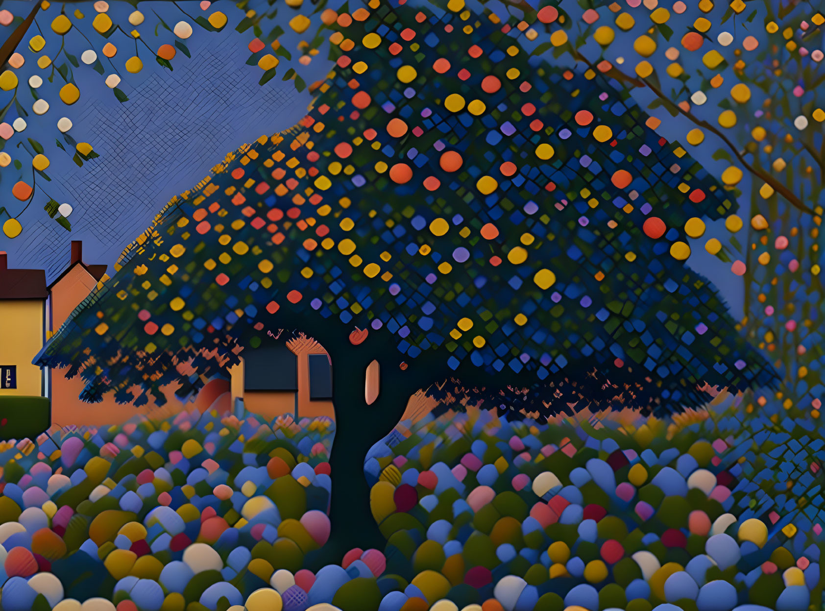 Vibrant tree with circular leaves over colorful orbs and houses at twilight