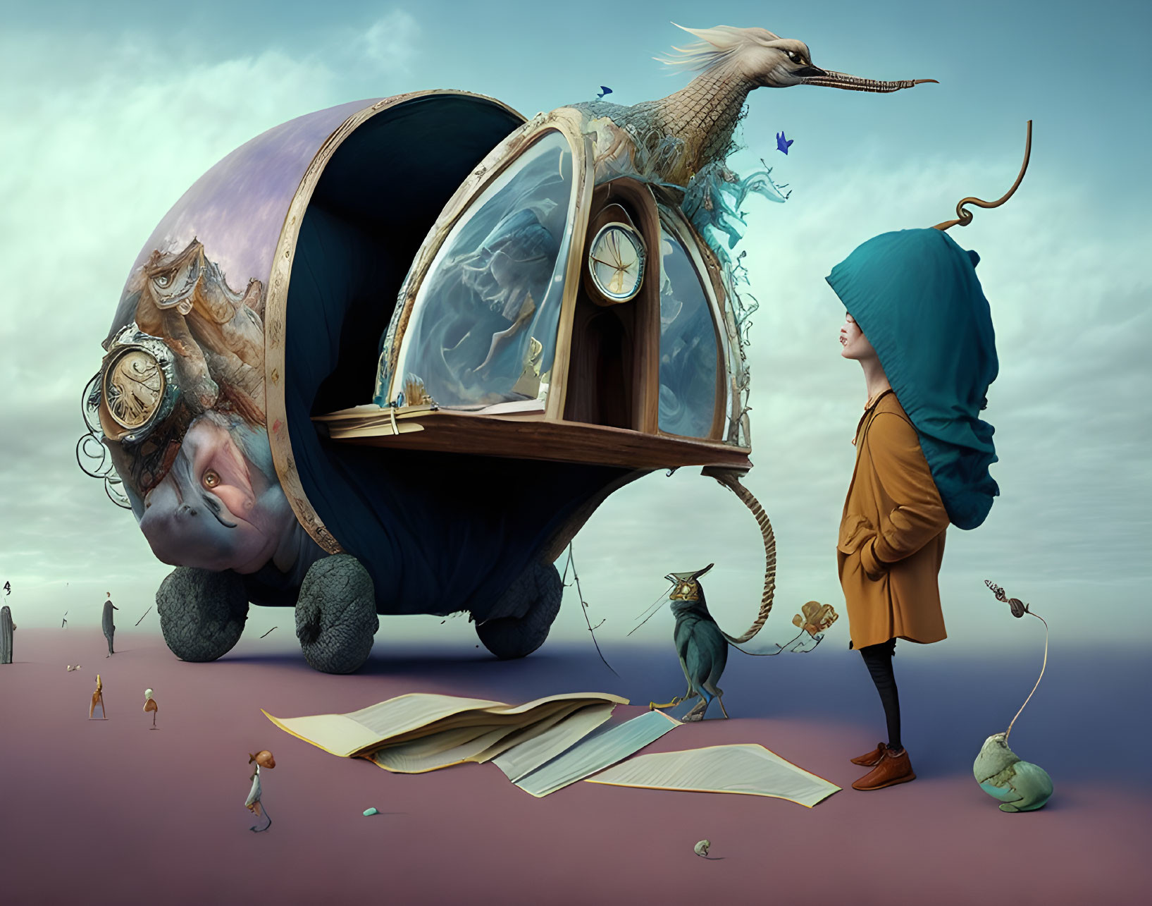 Whimsical girl, snail-like creature, bird on book in dreamy landscape