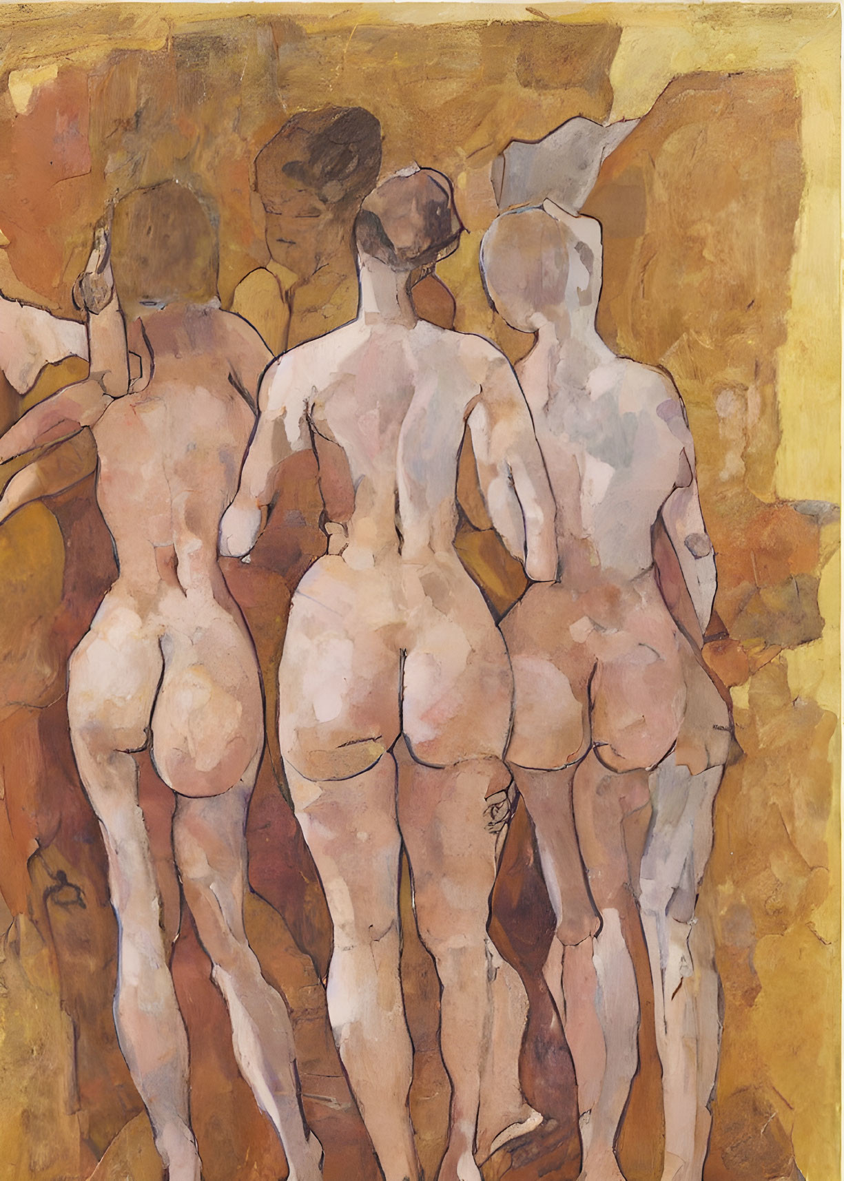 Four nude figures in varied poses against warm backdrop