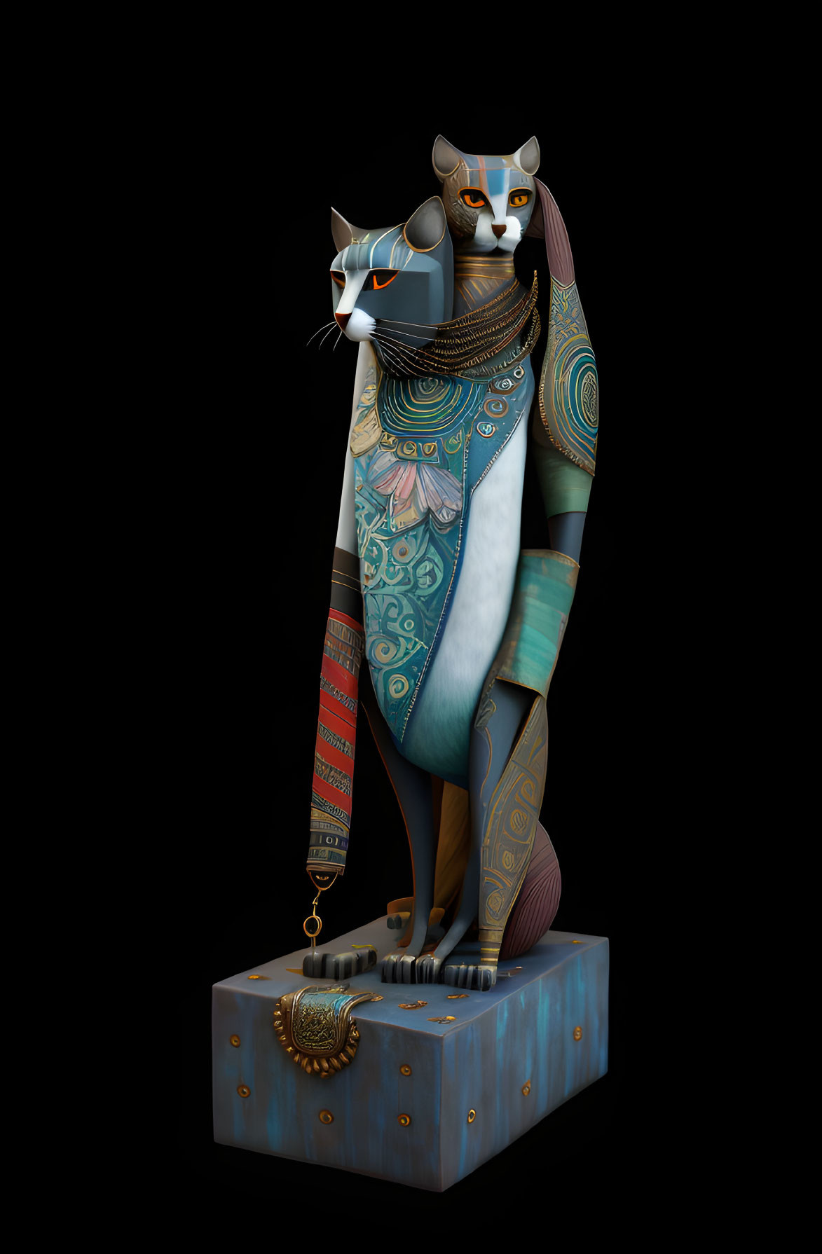 Stylized anthropomorphic cat with Egyptian design on pedestal