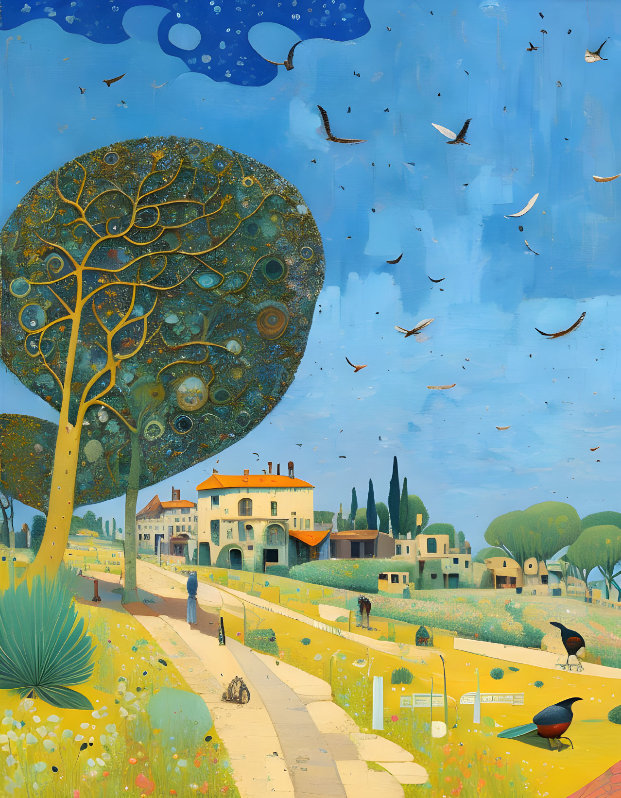 Colorful landscape painting with stylized tree, birds, and people near countryside houses.