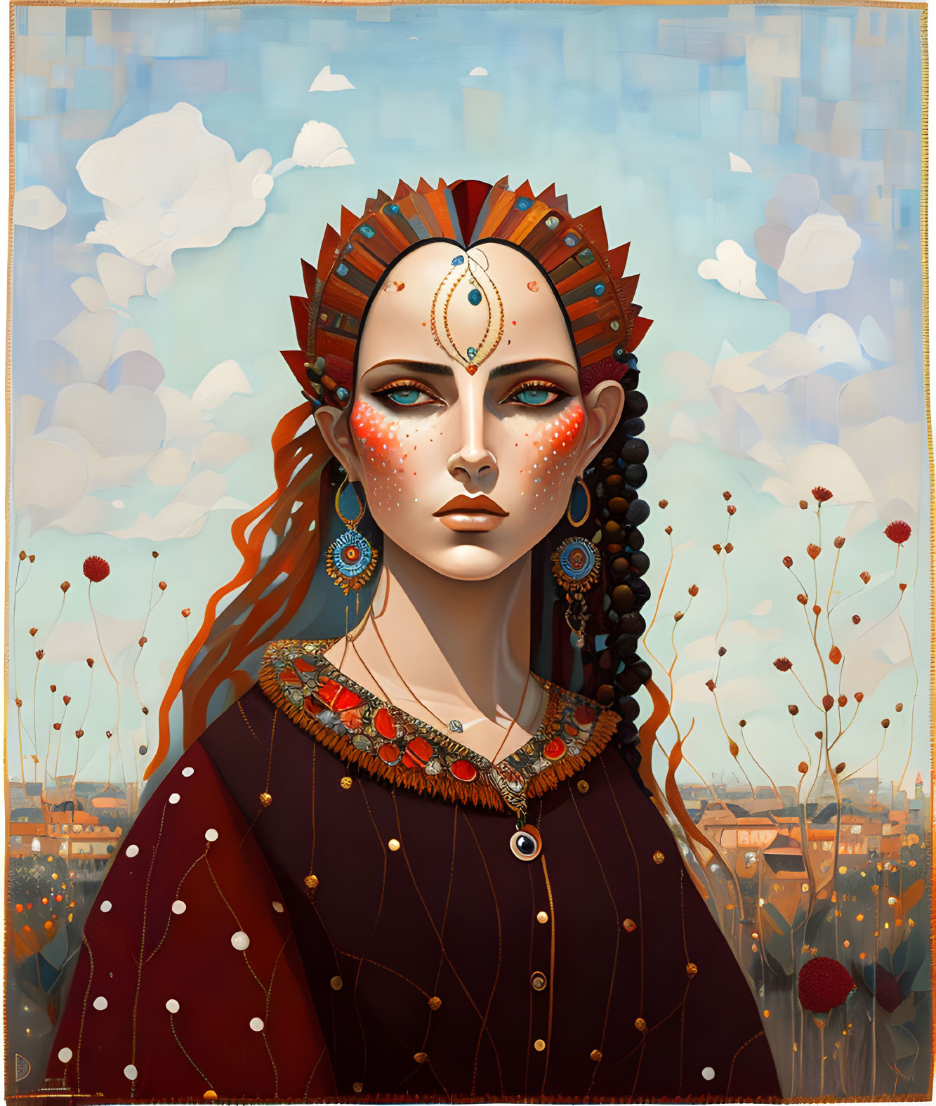 Vibrant red-haired woman with golden ornaments and third eye in surreal setting