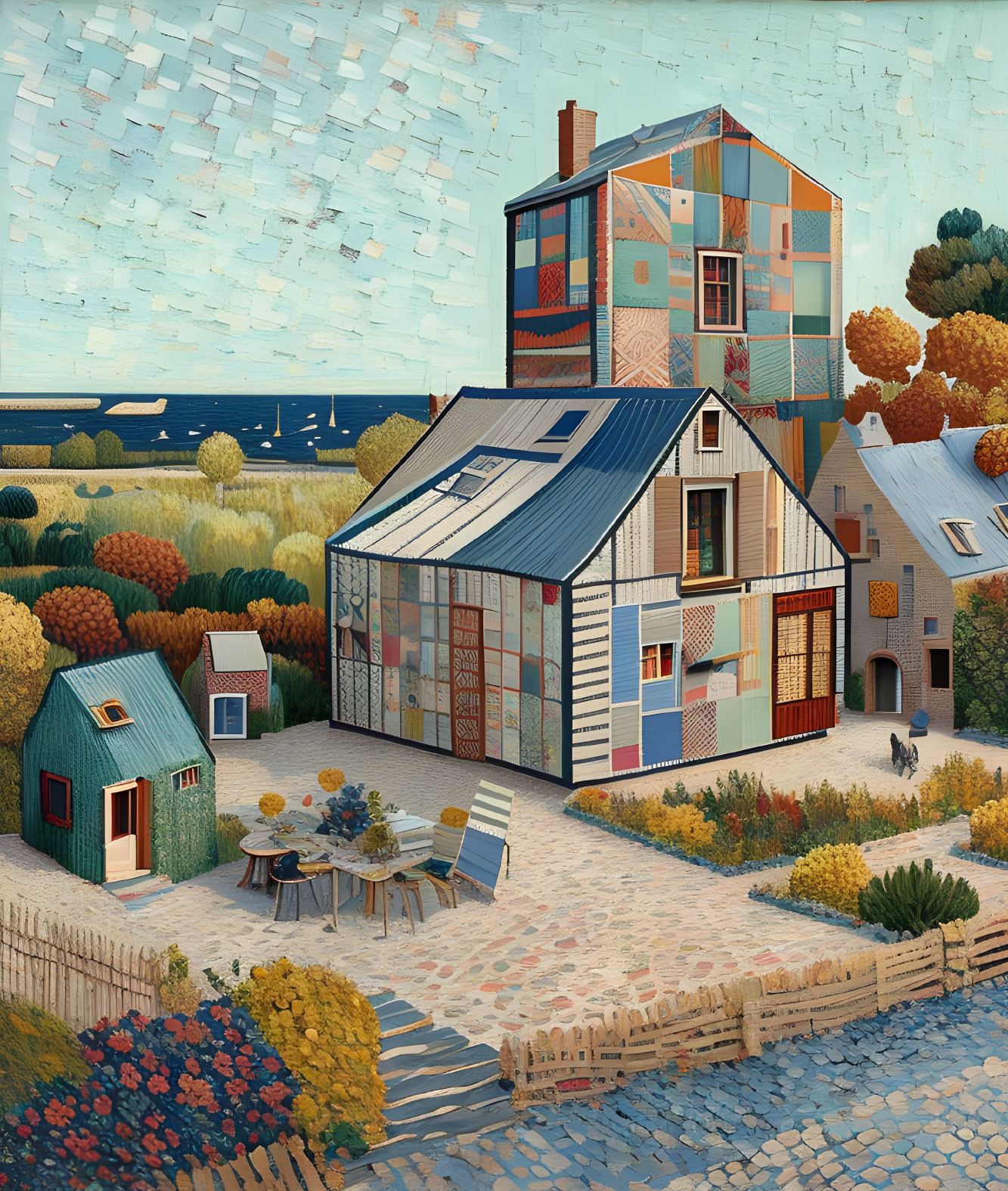 Vibrant village painting with patchwork house, greenhouse, autumn trees.