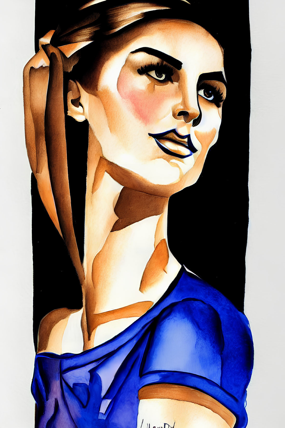 Stylized woman in blue top with pulled back hair on contrasting background