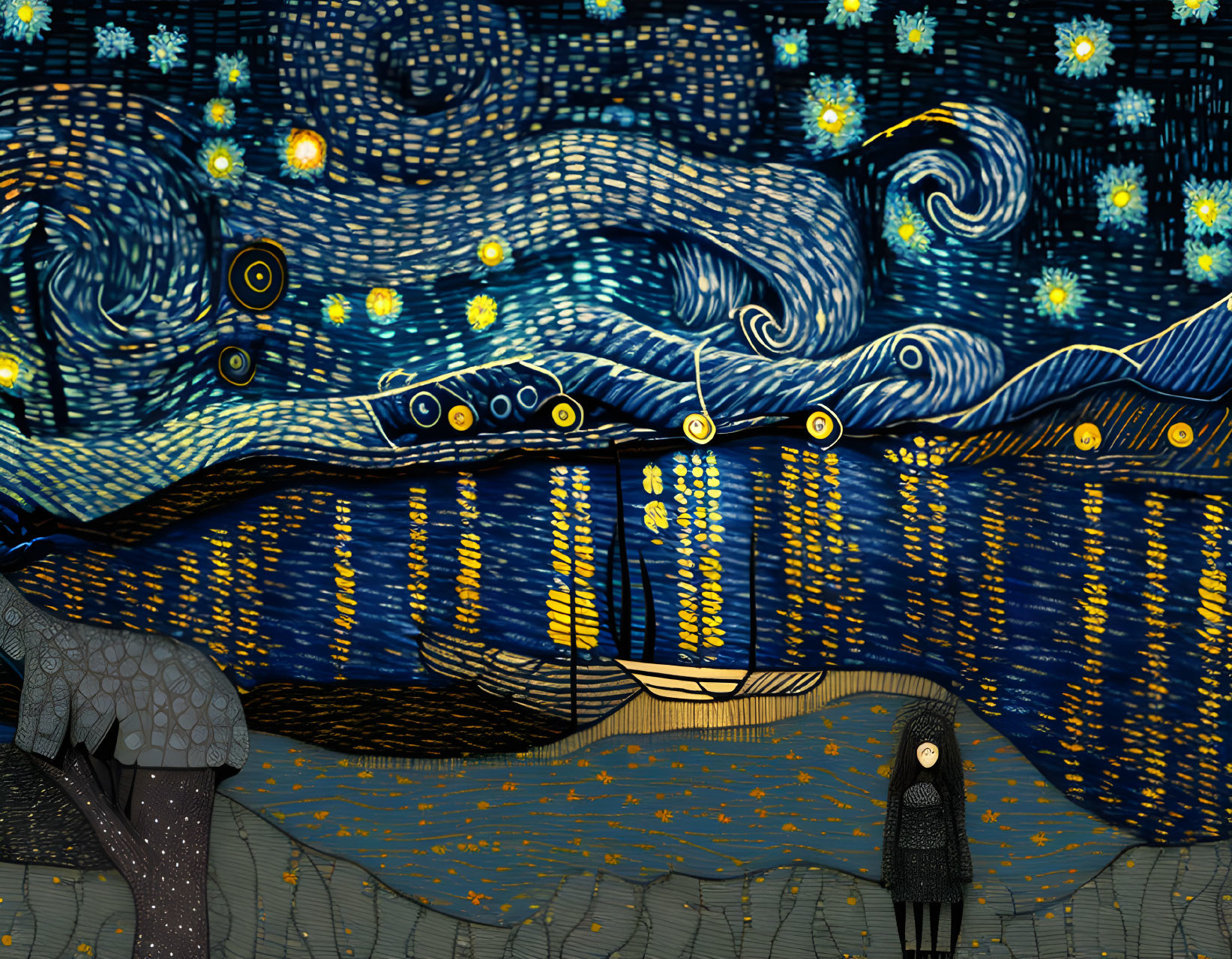 Interpretation of "Starry Night" with swirling stars, blue hills, yellow moon, and