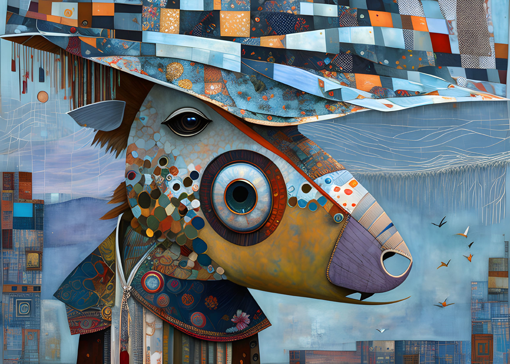 Whimsical creature with patchwork hat, bovine and bird-like features