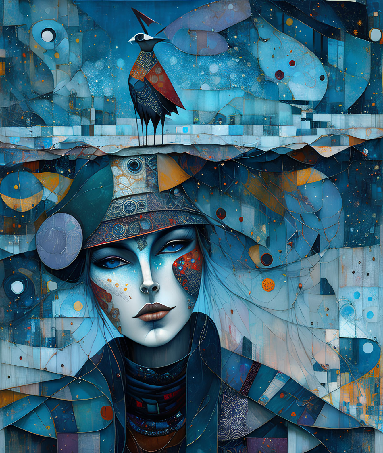 Blue-skinned woman with intricate headgear and bird on head against cosmic backdrop.