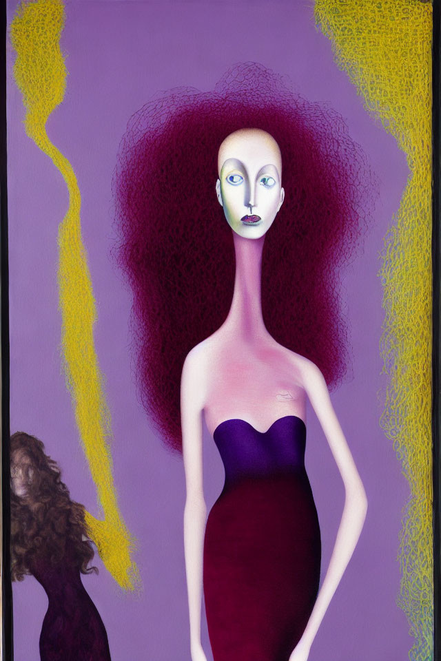 Stylized painting of figure with red hair in purple dress